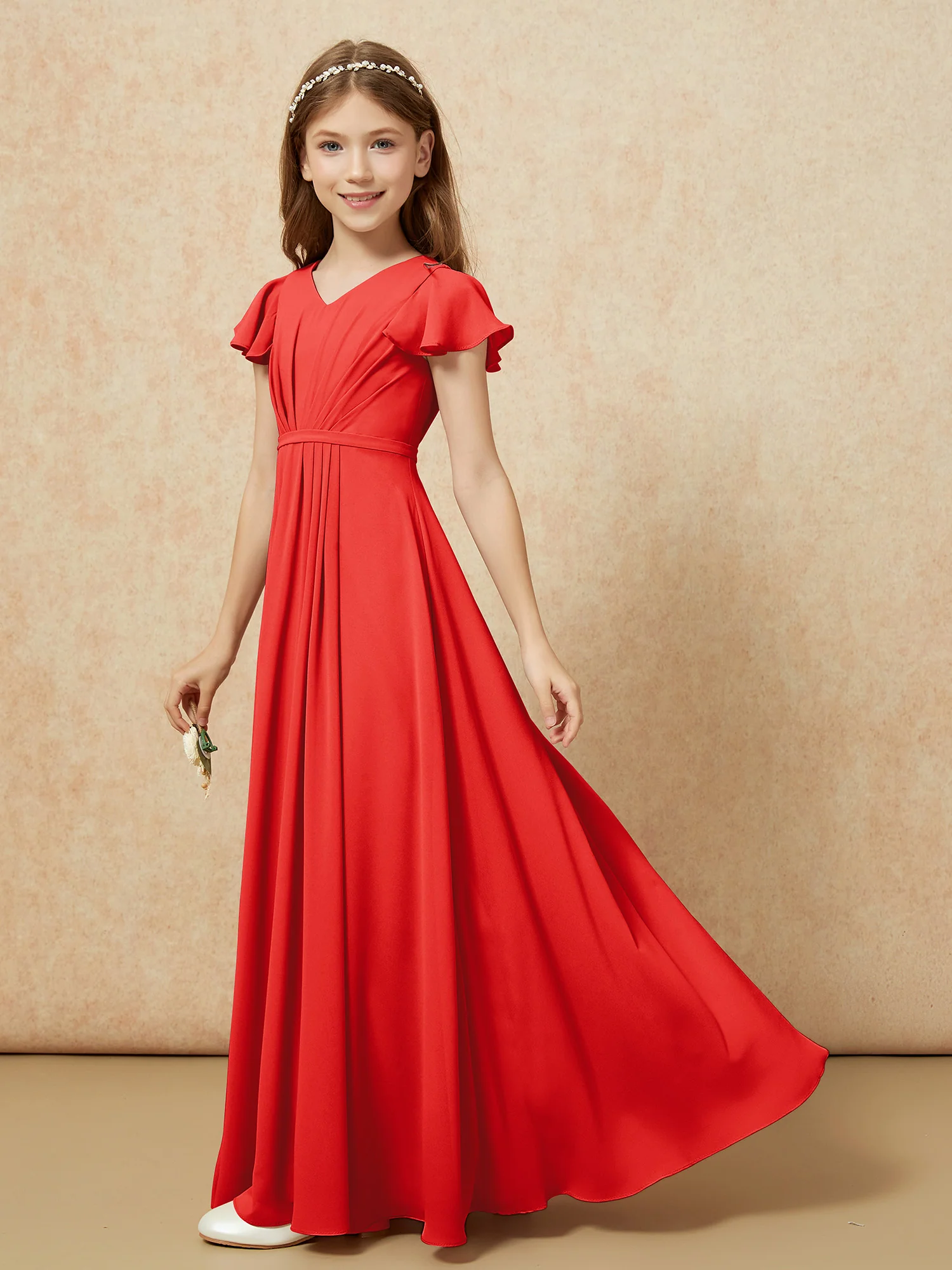 Flutter Sleeves V-neck Chiffon Junior Bridesmaid Dresses Red - Image 3