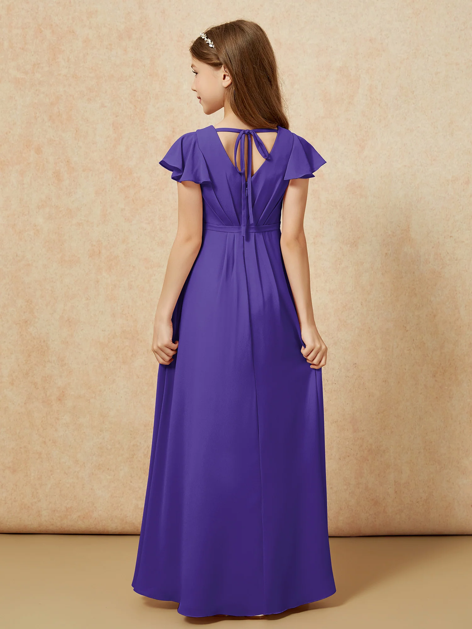 Flutter Sleeves V-neck Chiffon Junior Bridesmaid Dresses Regency - Image 2