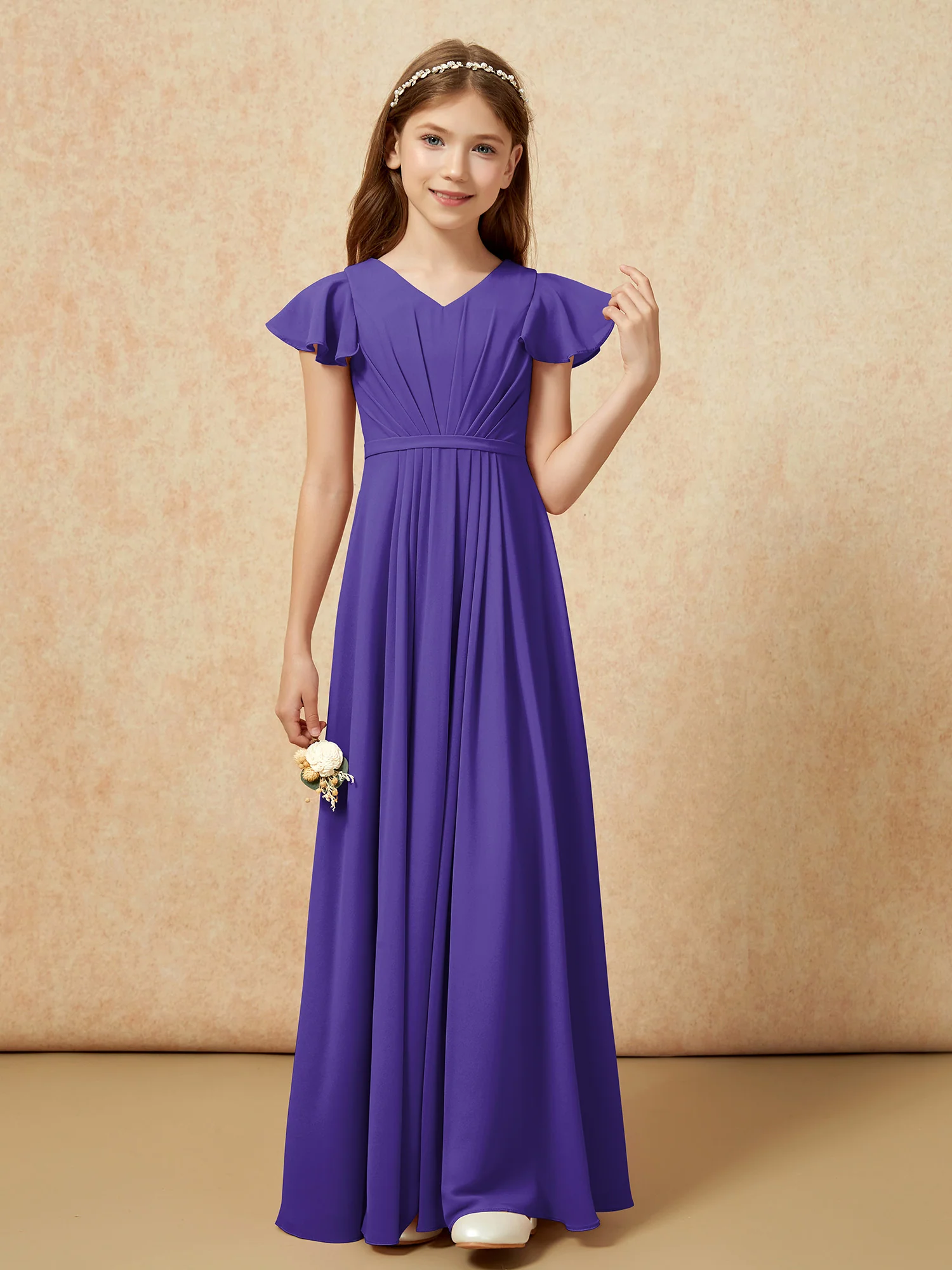 Flutter Sleeves V-neck Chiffon Junior Bridesmaid Dresses Regency - Image 4