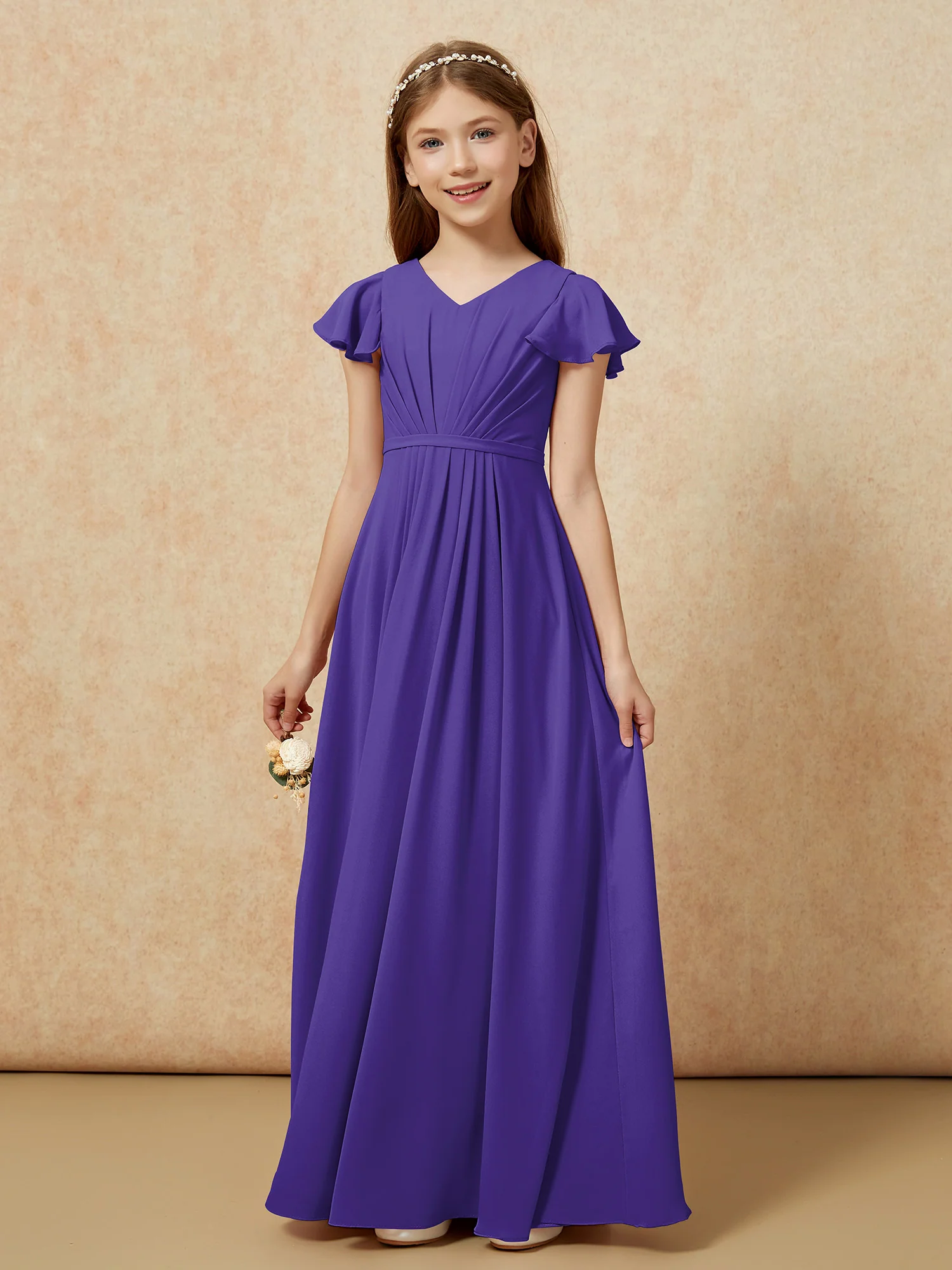 Flutter Sleeves V-neck Chiffon Junior Bridesmaid Dresses Regency - Image 7