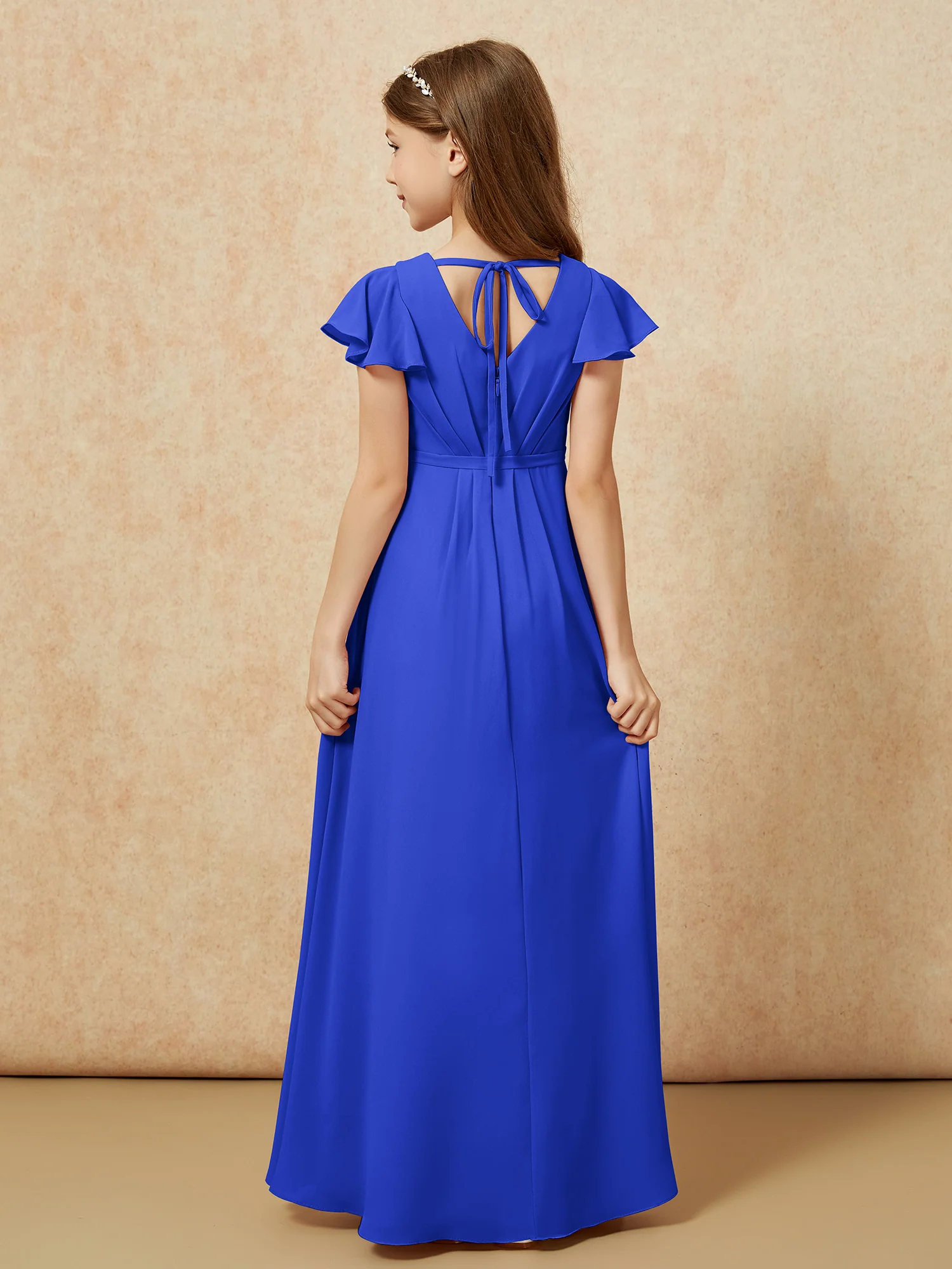 Flutter Sleeves V-neck Chiffon Junior Bridesmaid Dresses Royal Blue - Image 2