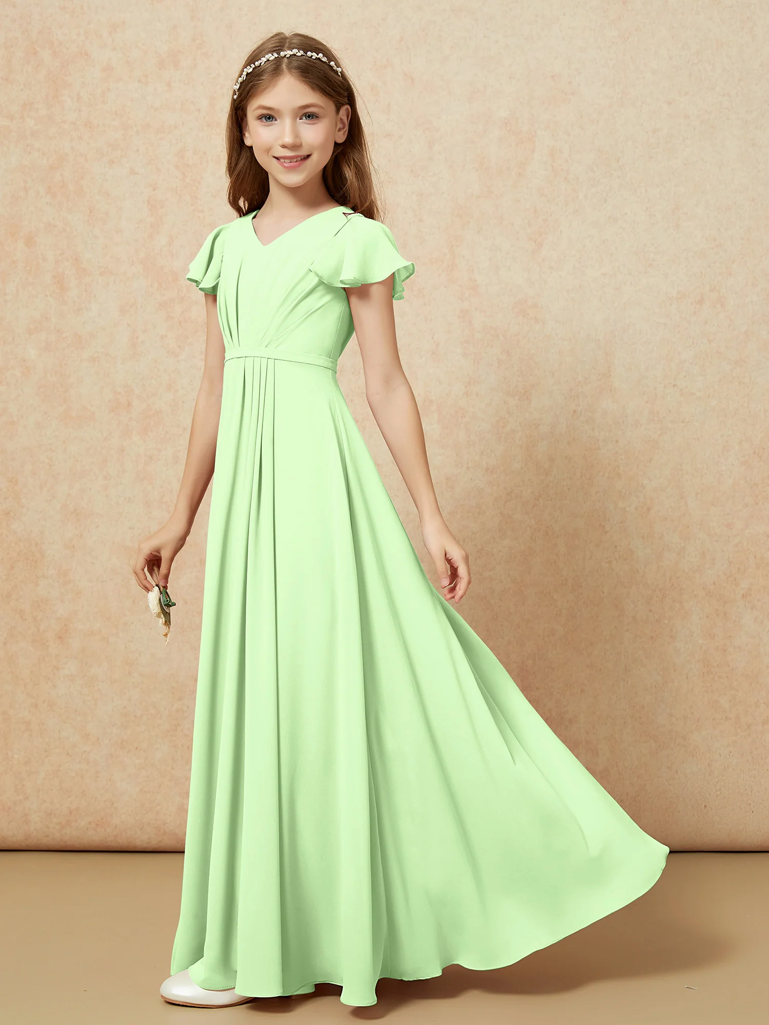 Flutter Sleeves V-neck Chiffon Junior Bridesmaid Dresses Sage - Image 3