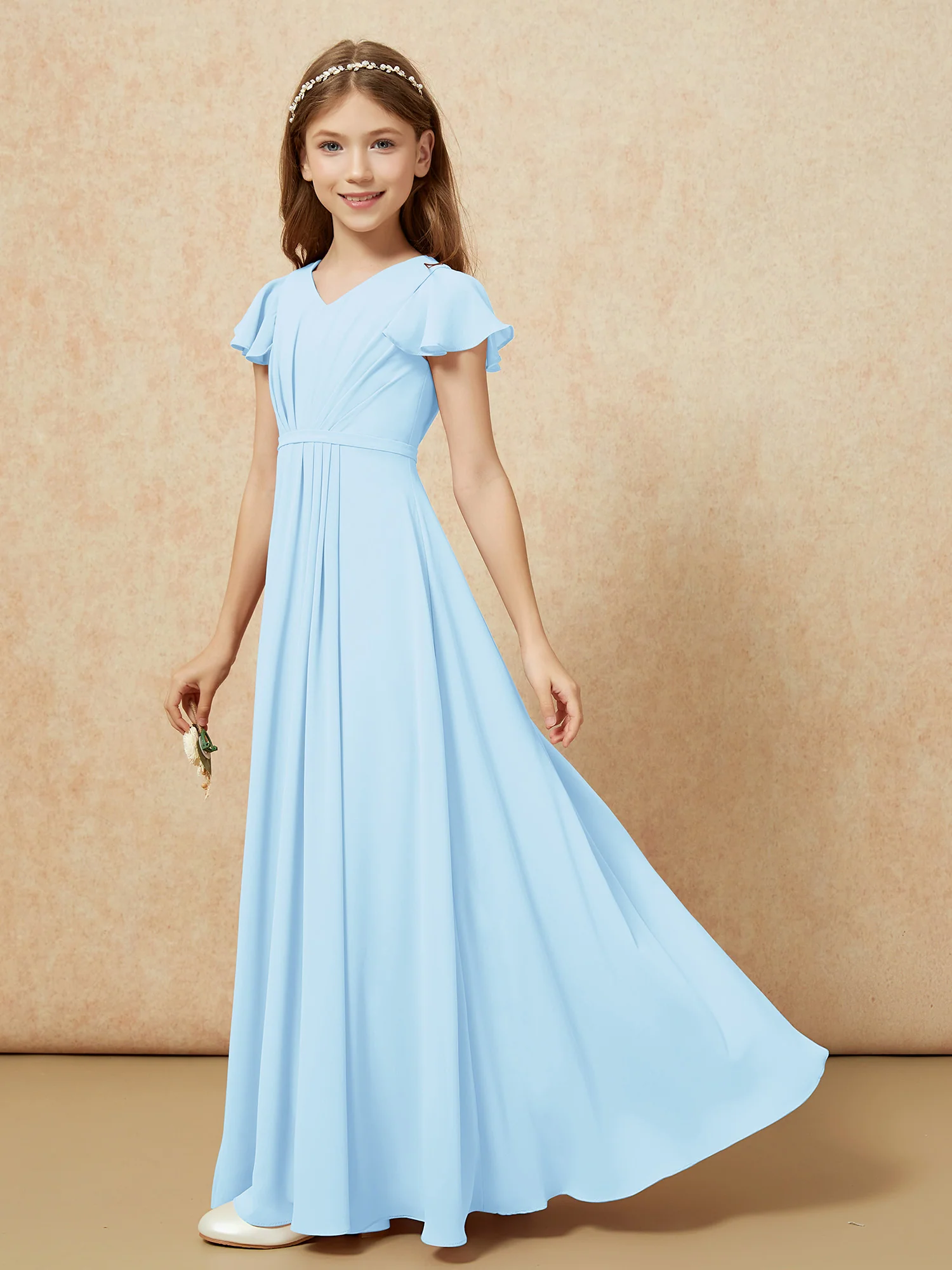 Flutter Sleeves V-neck Chiffon Junior Bridesmaid Dresses Sky Blue - Image 3