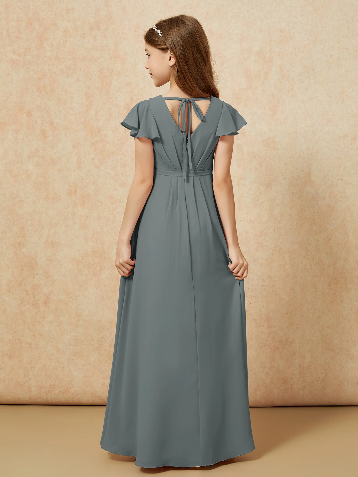 Flutter Sleeves V-neck Chiffon Junior Bridesmaid Dresses Steel Grey - Image 2