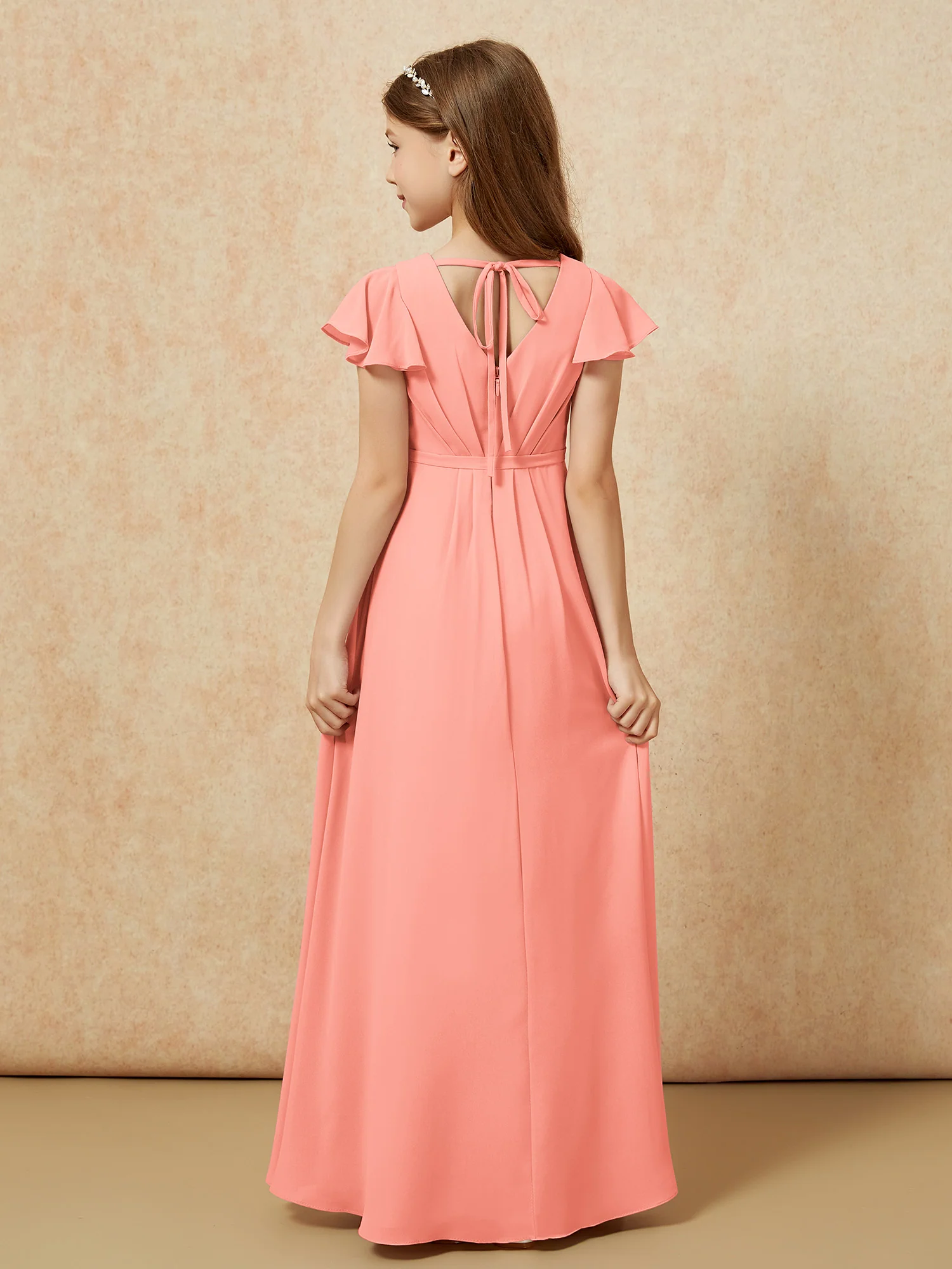 Flutter Sleeves V-neck Chiffon Junior Bridesmaid Dresses Sunset - Image 2