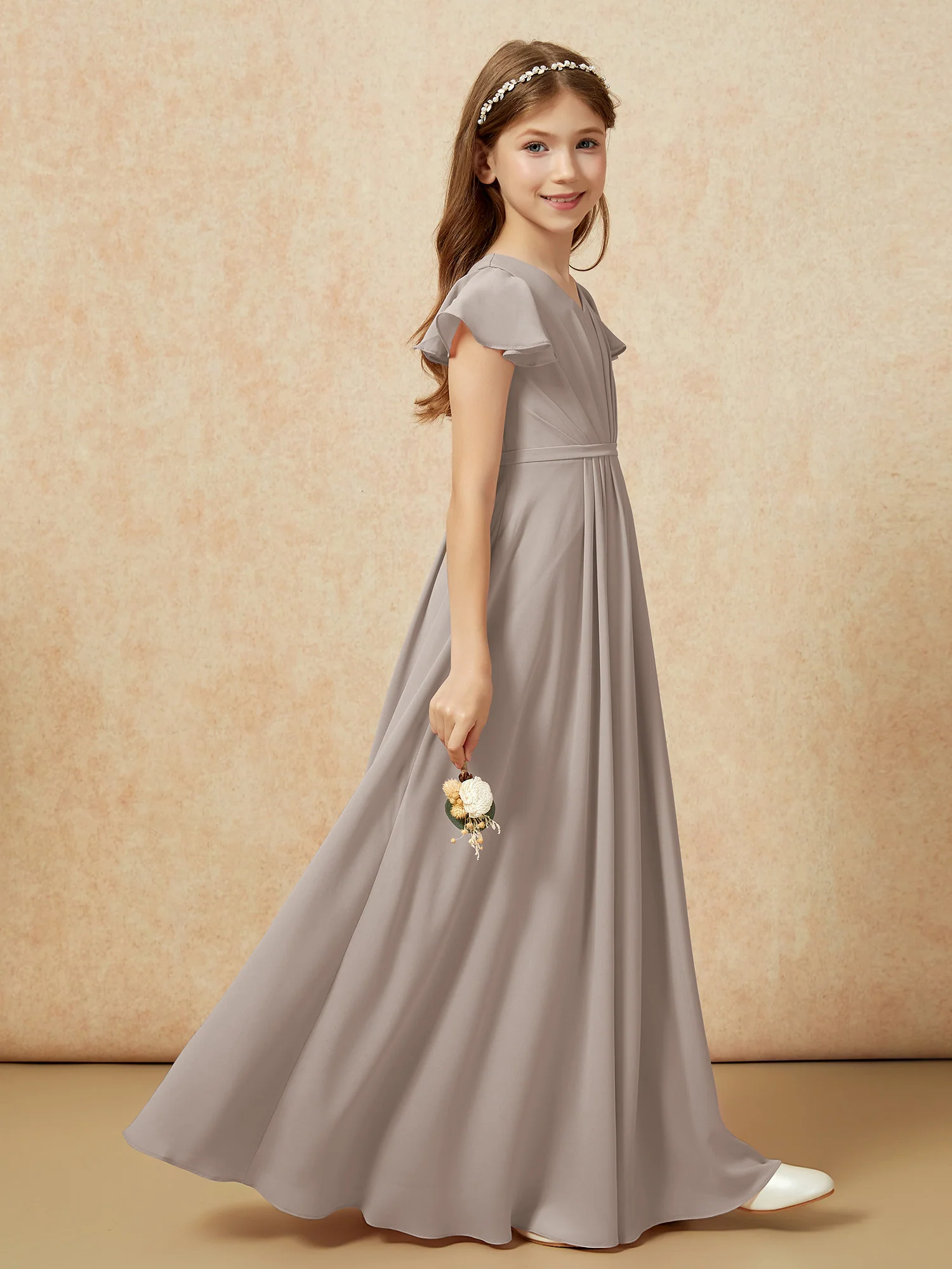 Flutter Sleeves V-neck Chiffon Junior Bridesmaid Dresses Taupe - Image 5