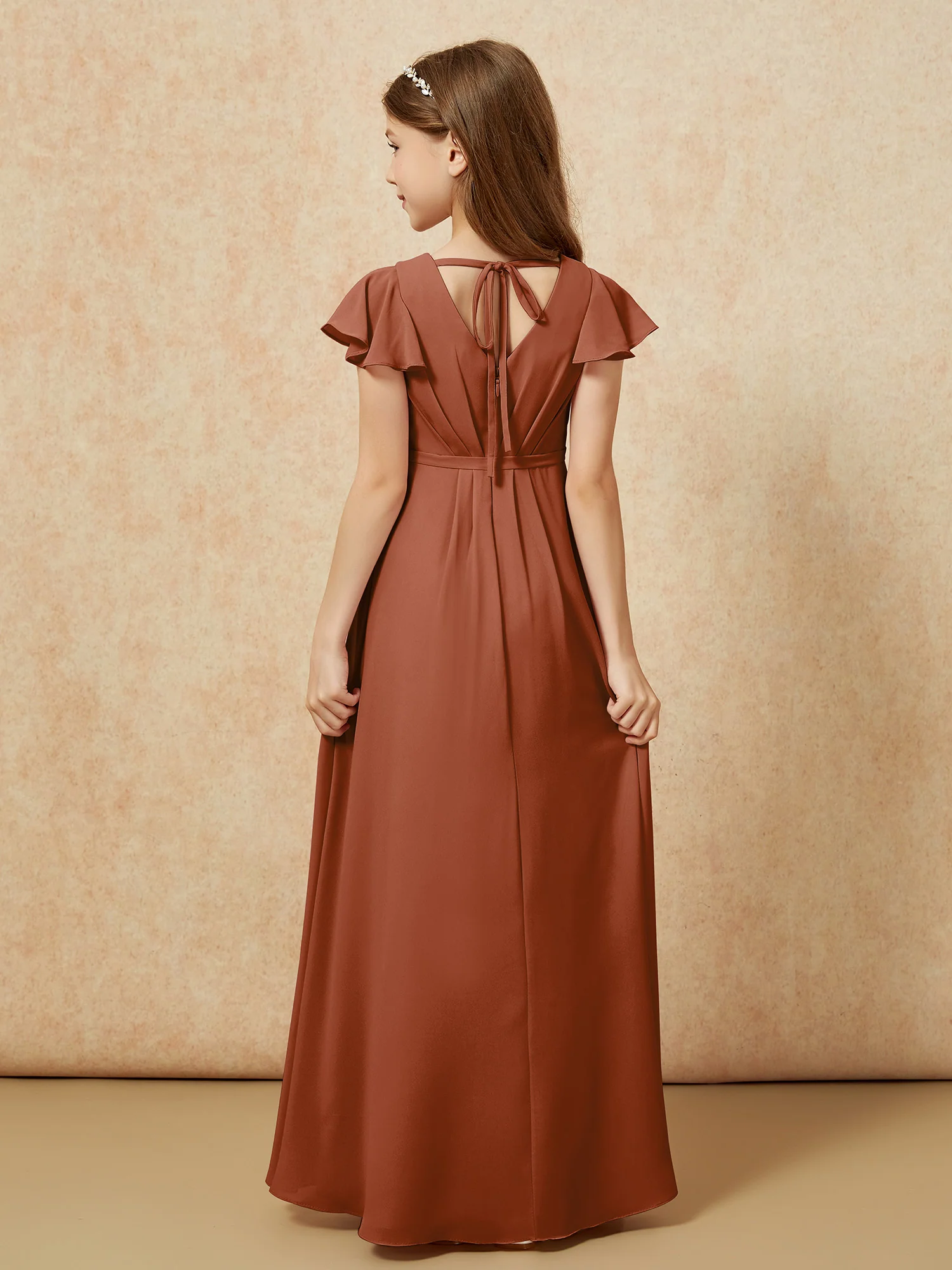Flutter Sleeves V-neck Chiffon Junior Bridesmaid Dresses Terracotta - Image 2