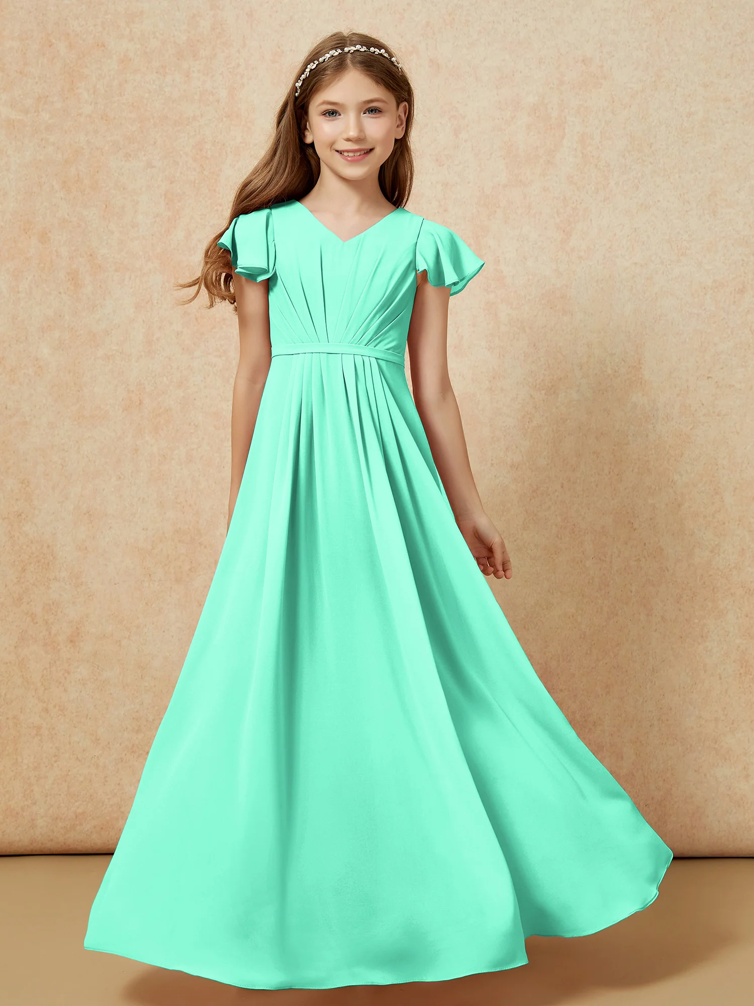 Flutter Sleeves V-neck Chiffon Junior Bridesmaid Dresses Turquoise