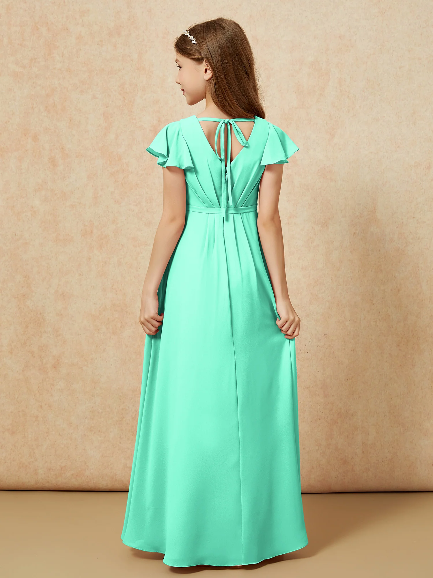 Flutter Sleeves V-neck Chiffon Junior Bridesmaid Dresses Turquoise - Image 2