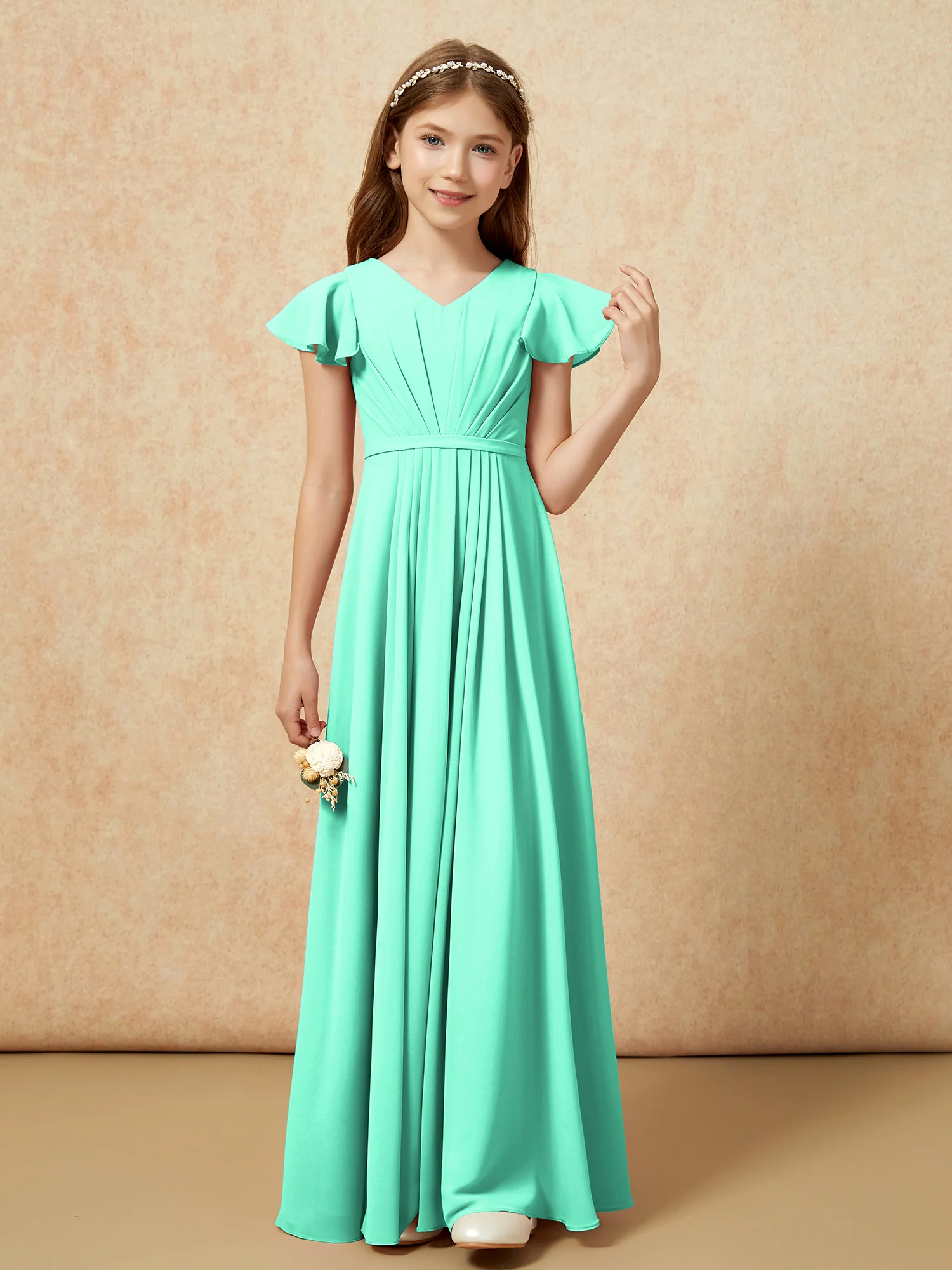 Flutter Sleeves V-neck Chiffon Junior Bridesmaid Dresses Turquoise - Image 4