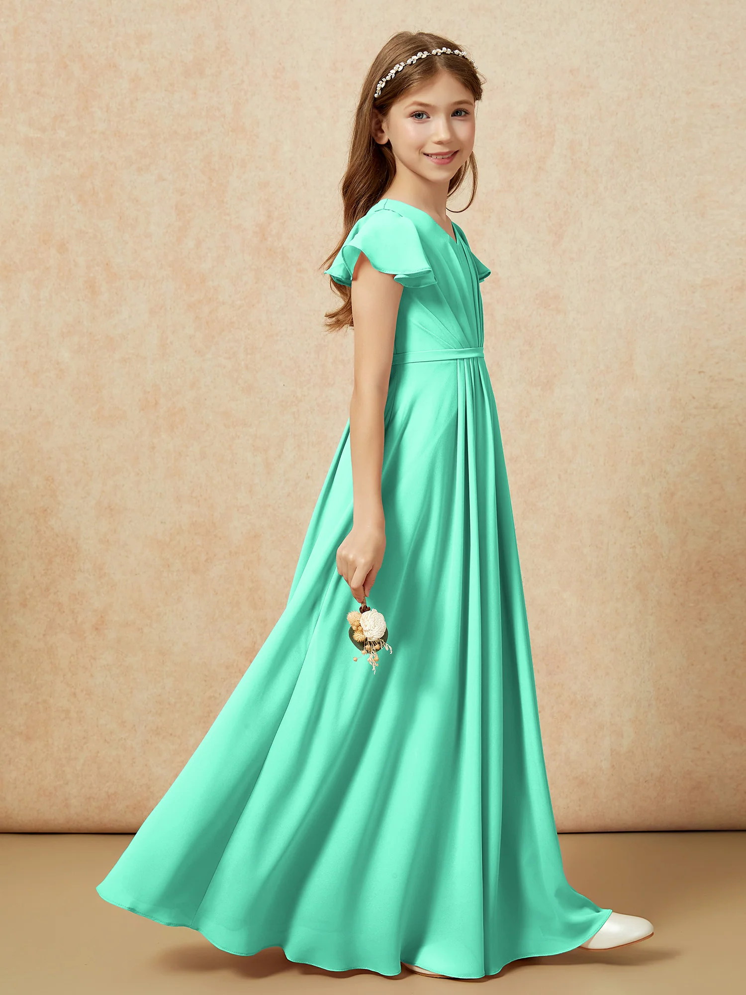 Flutter Sleeves V-neck Chiffon Junior Bridesmaid Dresses Turquoise - Image 5