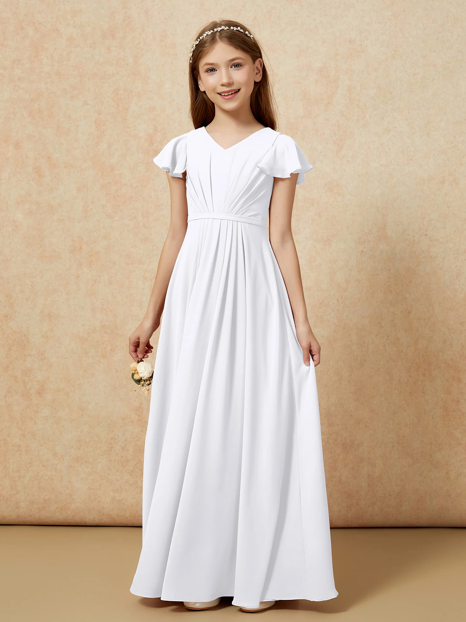 Flutter Sleeves V-neck Chiffon Junior Bridesmaid Dresses White - Image 7