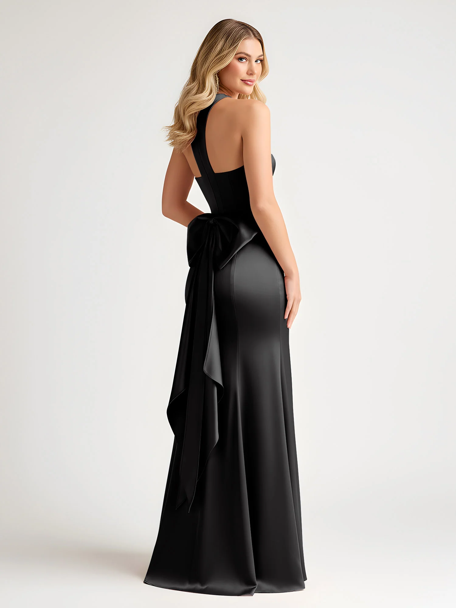 Sleeveless Satin Gown with Oversized Back Bow Black - Image 2