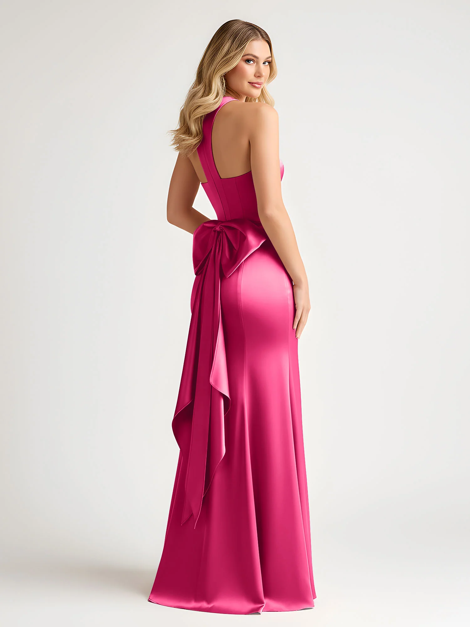 Sleeveless Satin Gown with Oversized Back Bow Fuchsia - Image 2