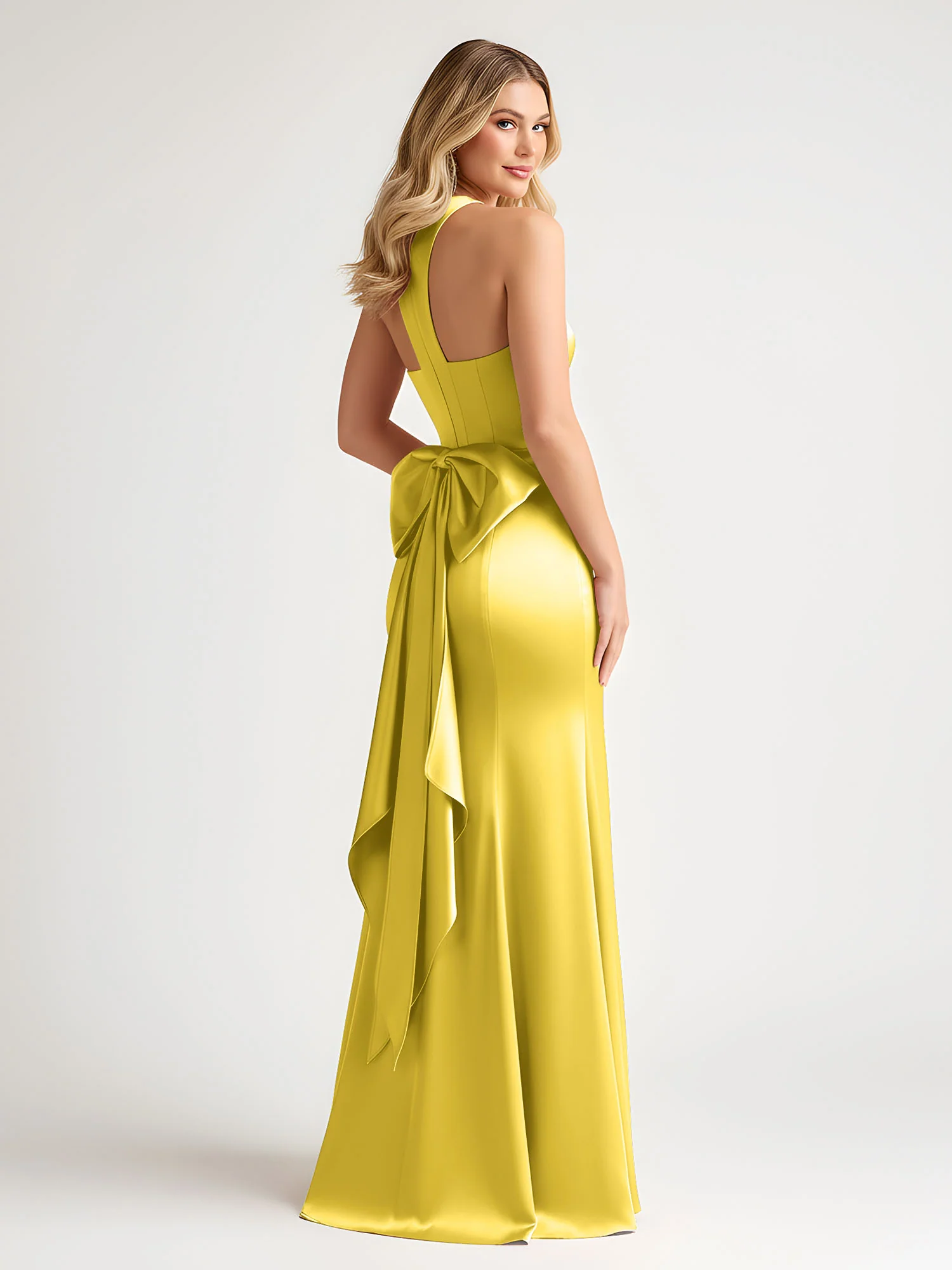 Sleeveless Satin Gown with Oversized Back Bow Marigold - Image 2