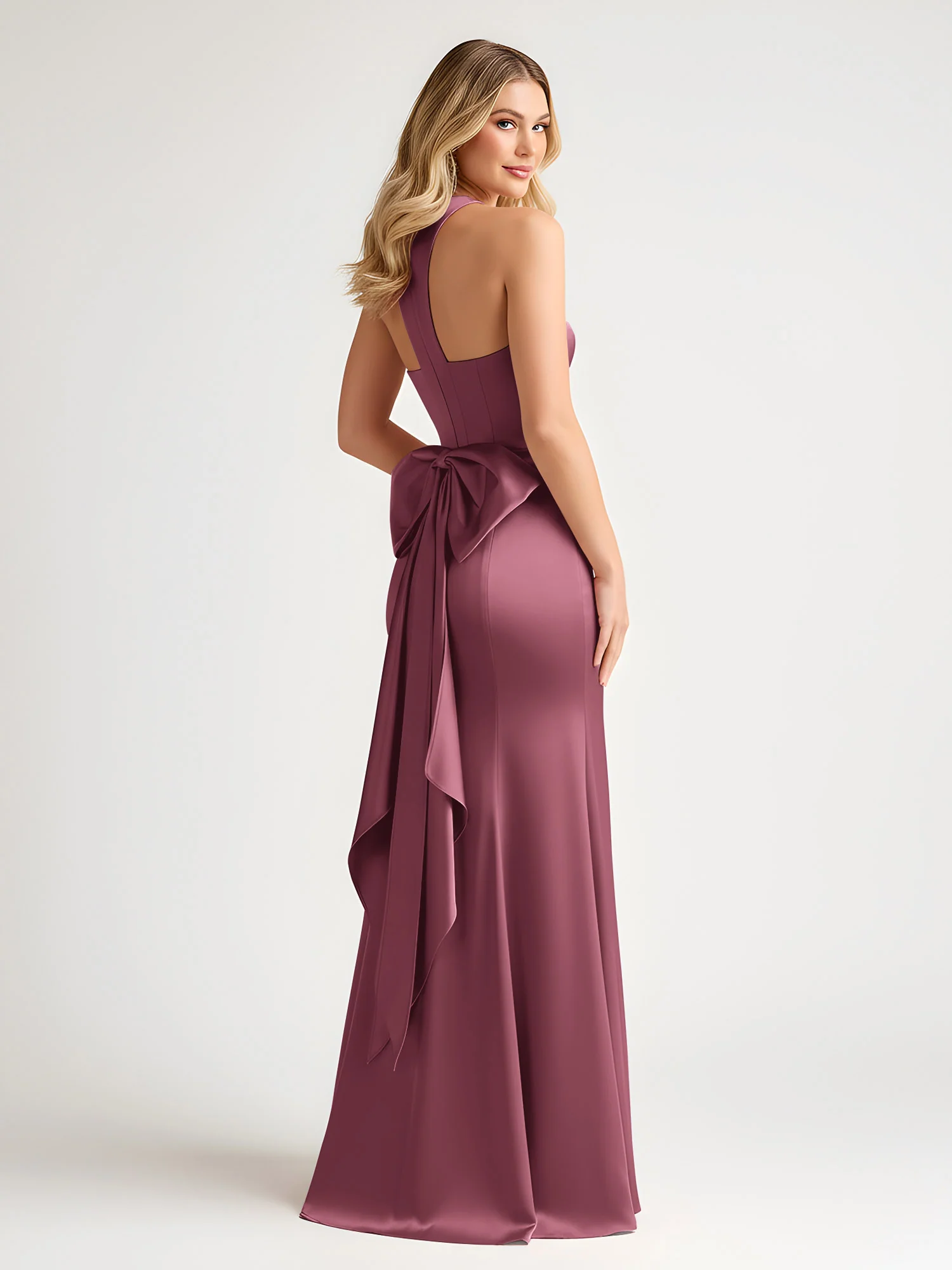 Sleeveless Satin Gown with Oversized Back Bow Mulberry - Image 2
