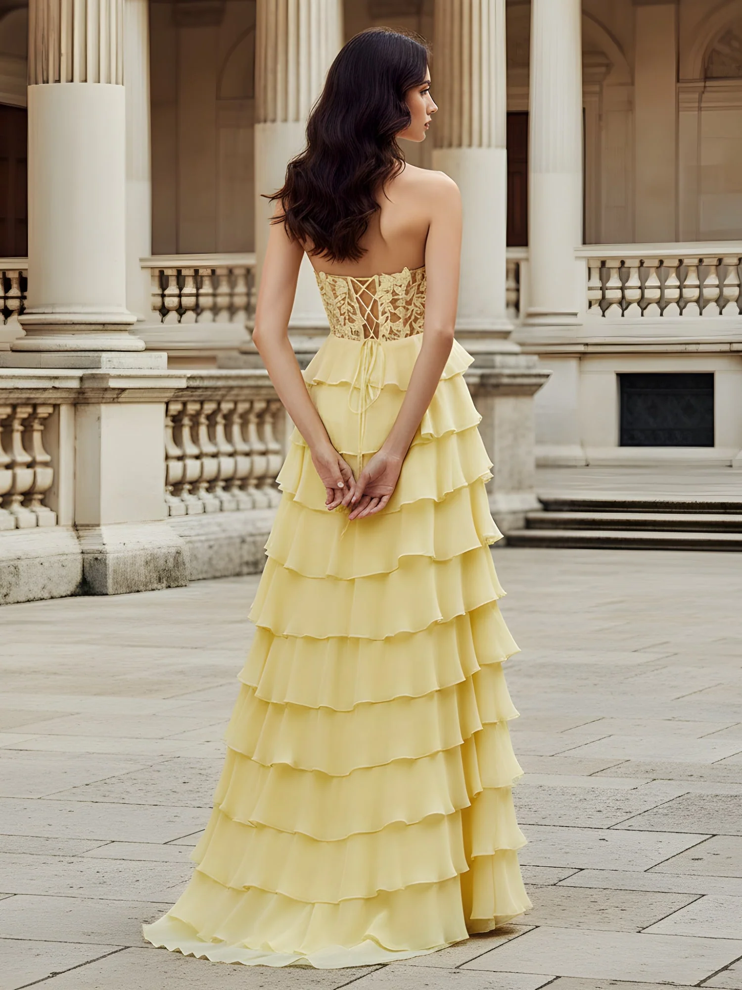 Voluminous Chiffon Dress with Exposed Lace-Up Back Champagne - Image 2