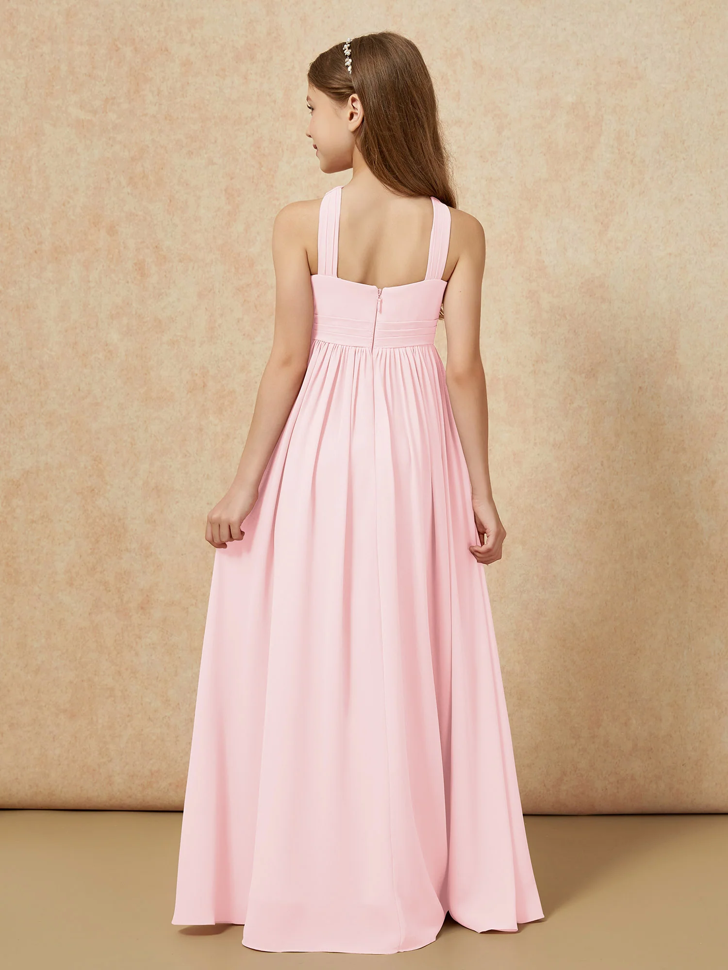 Grecian Neck Chiffon Junior Bridesmaid Dresses With Slit Blushing Pink - Image 2
