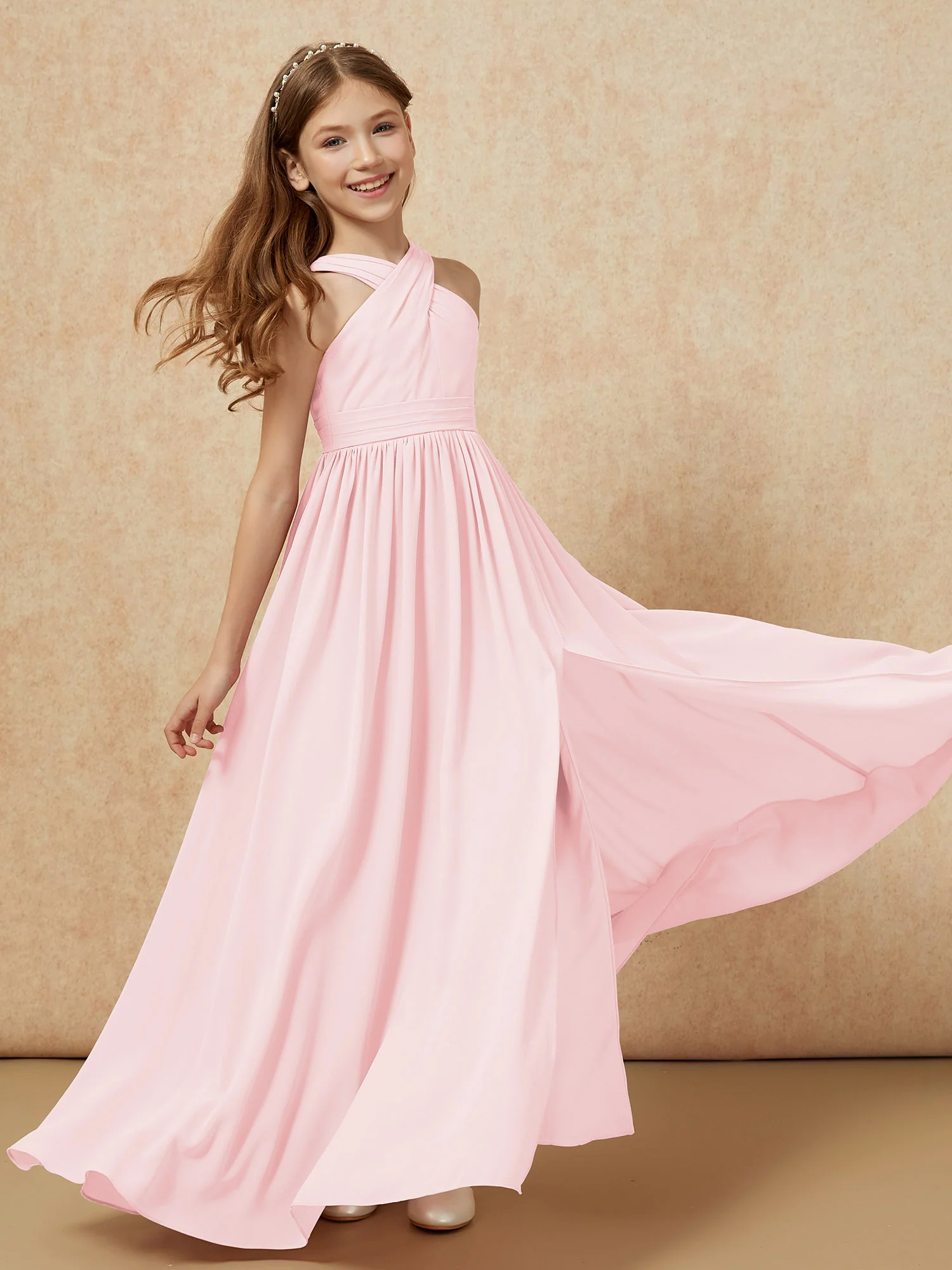 Grecian Neck Chiffon Junior Bridesmaid Dresses With Slit Blushing Pink - Image 6
