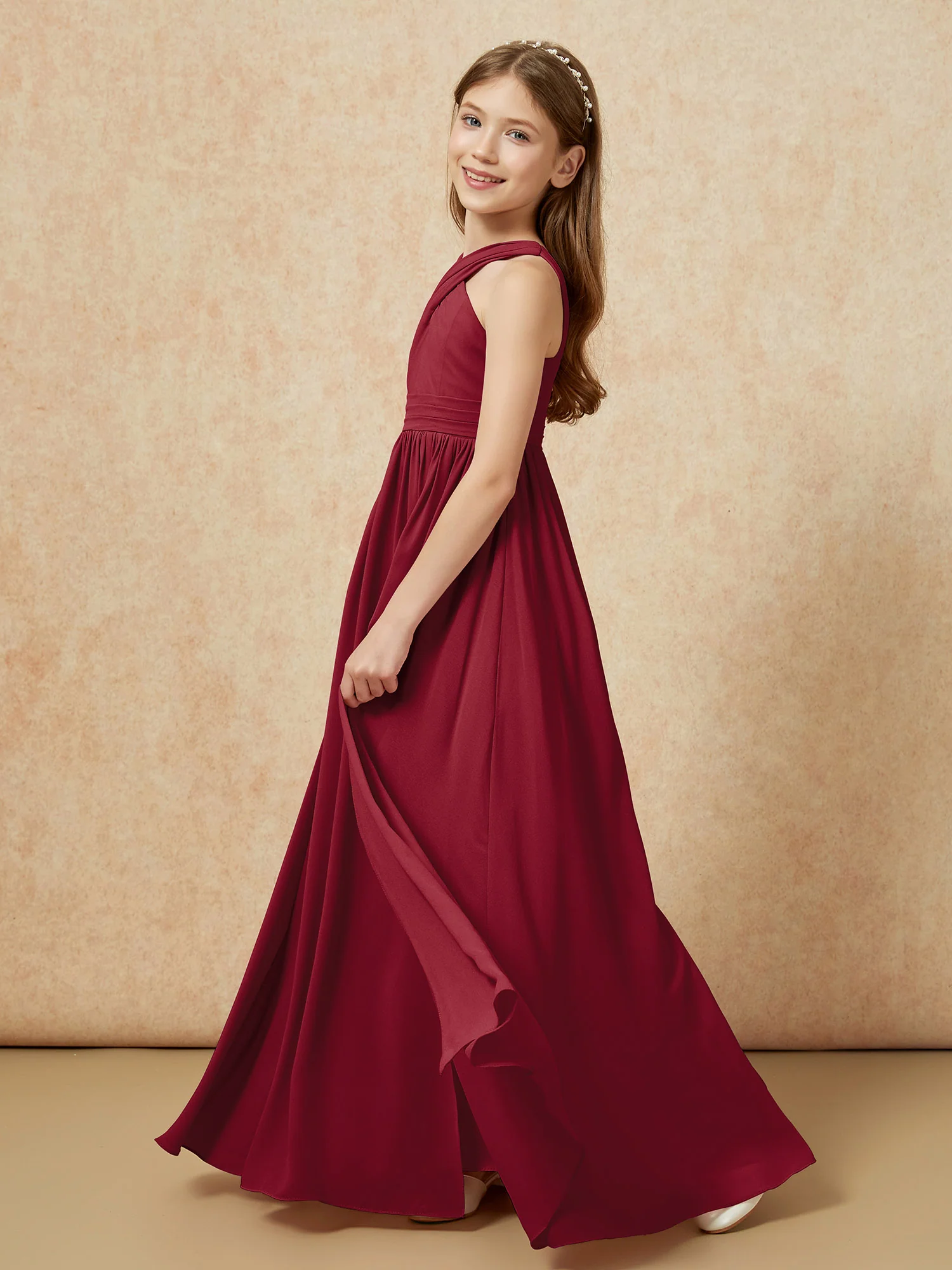 Grecian Neck Chiffon Junior Bridesmaid Dresses With Slit Burgundy - Image 3
