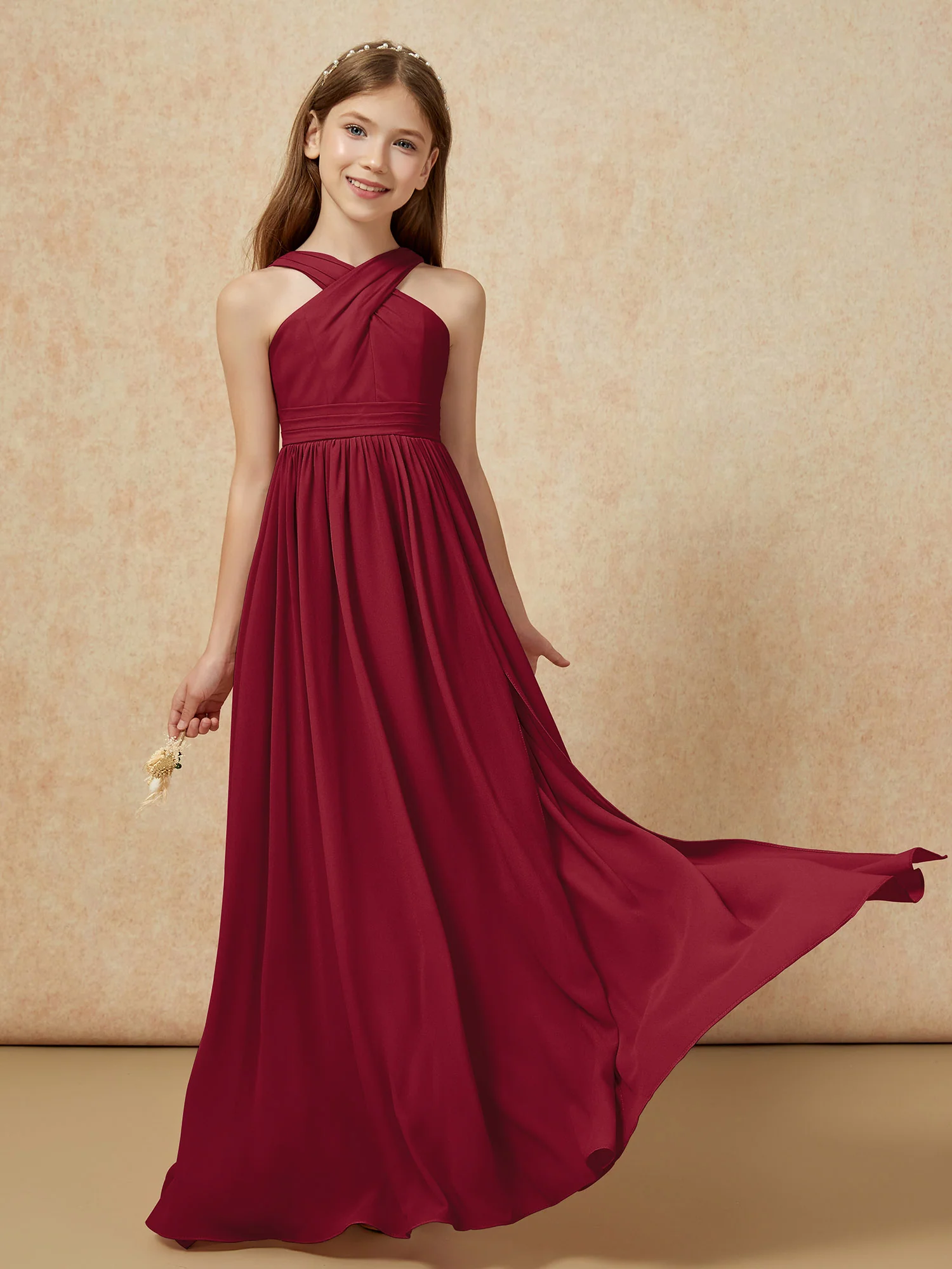 Grecian Neck Chiffon Junior Bridesmaid Dresses With Slit Burgundy - Image 5