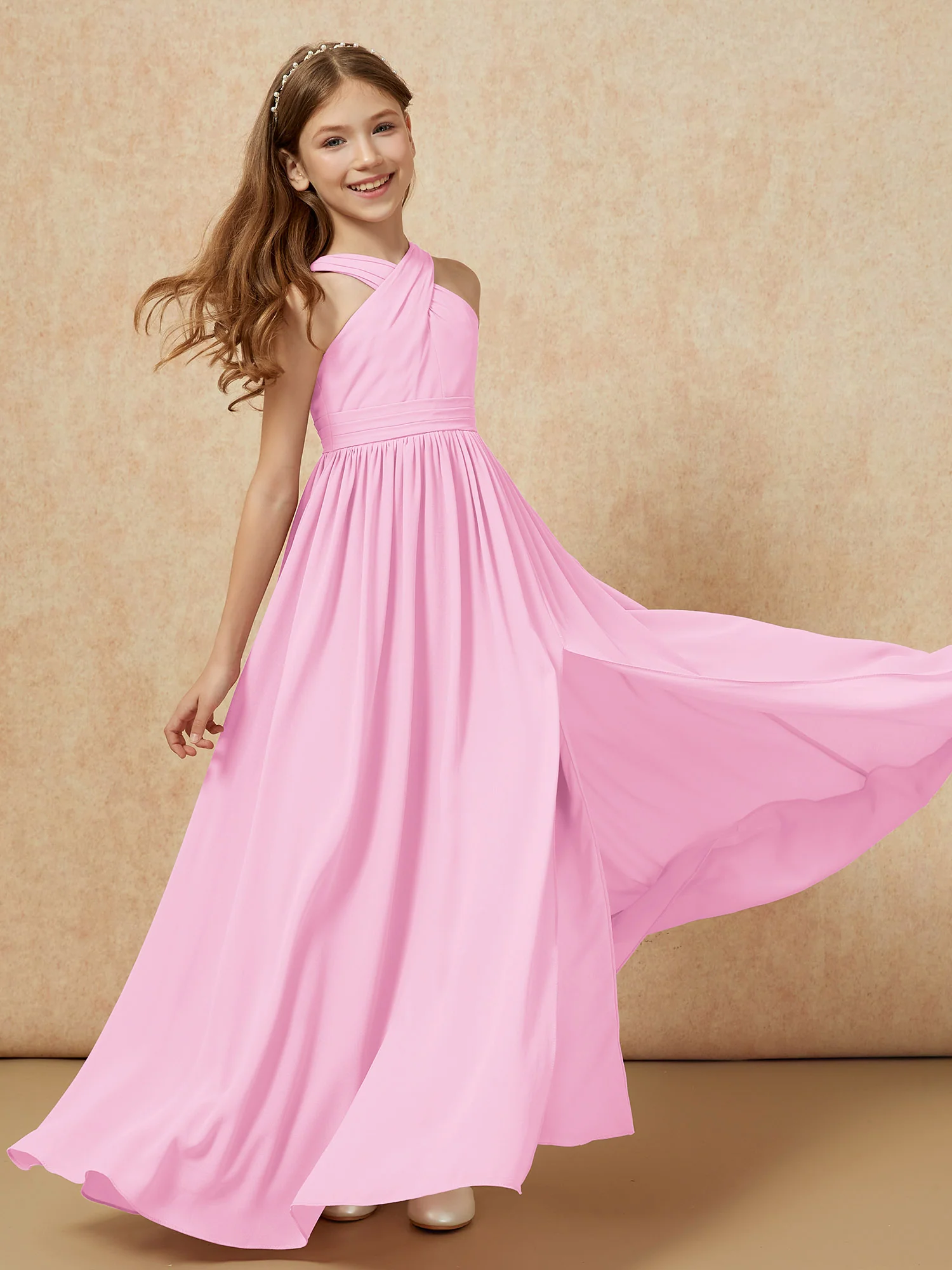 Grecian Neck Chiffon Junior Bridesmaid Dresses With Slit Candy Pink - Image 6