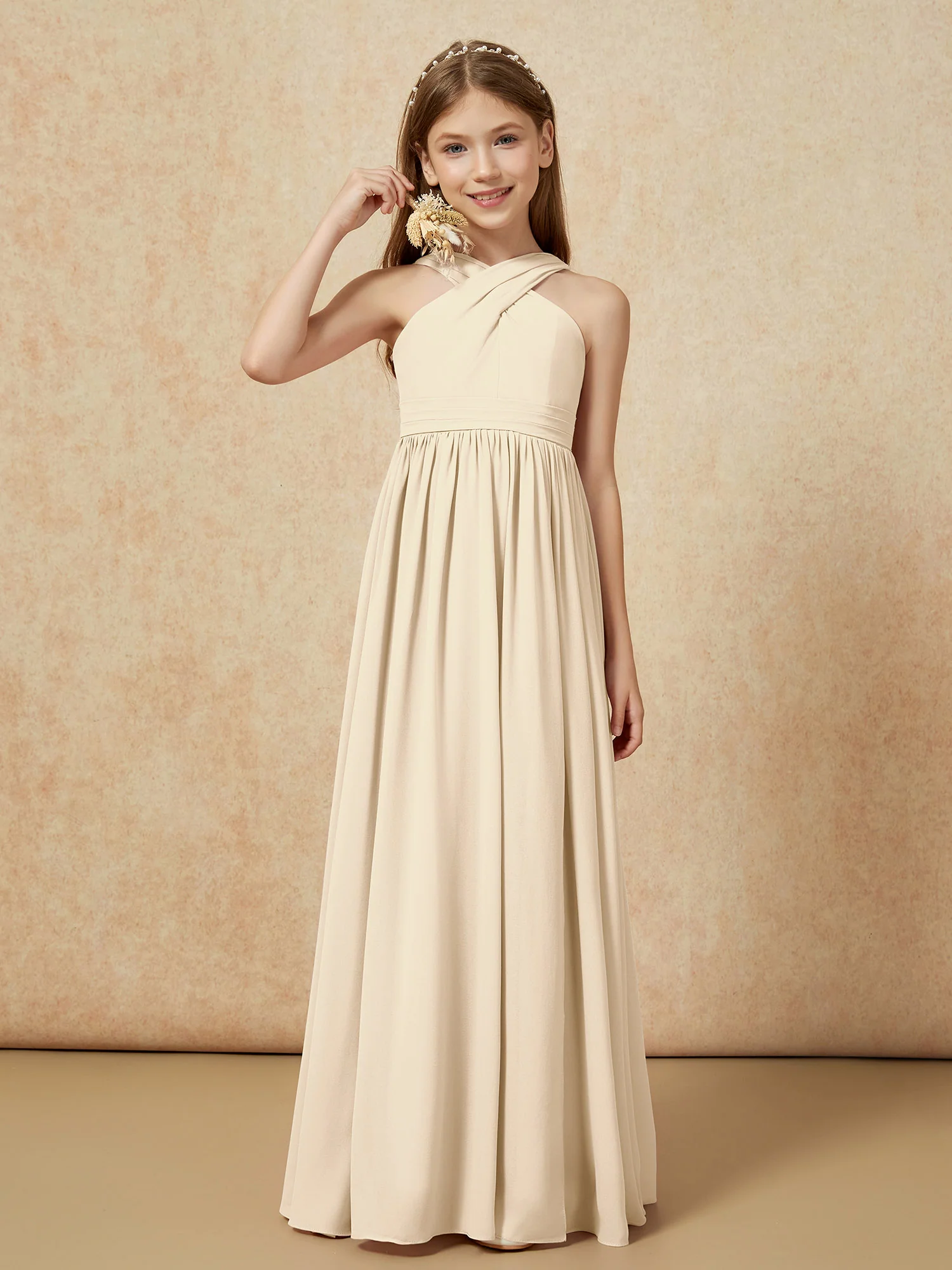 Grecian Neck Chiffon Junior Bridesmaid Dresses With Slit Champagne