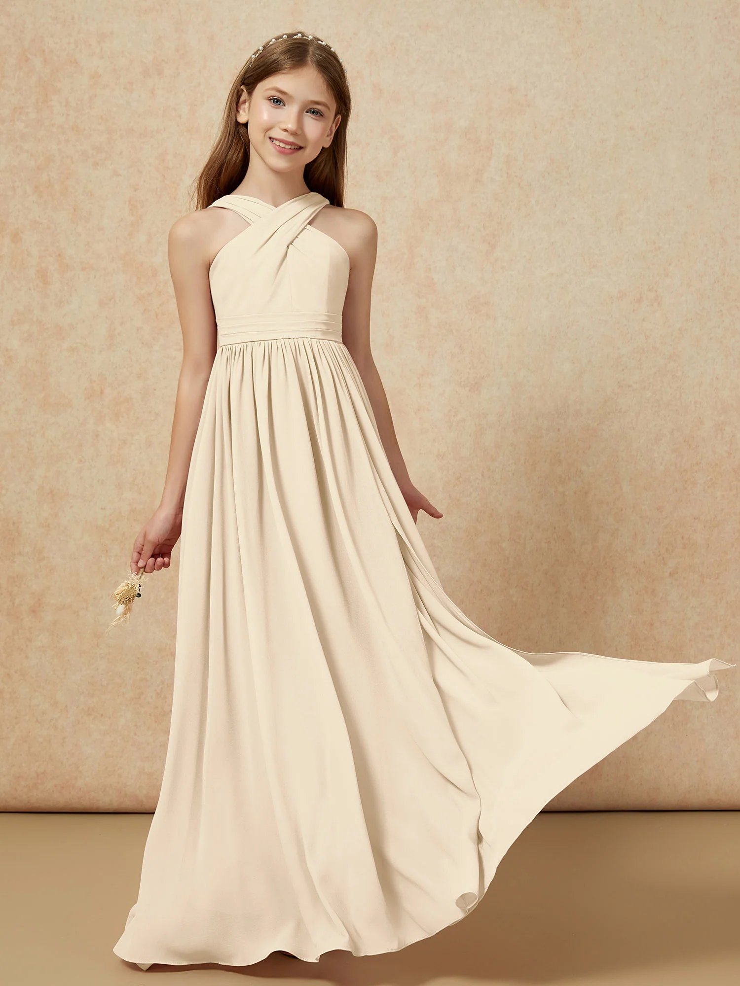 Grecian Neck Chiffon Junior Bridesmaid Dresses With Slit Champagne - Image 5