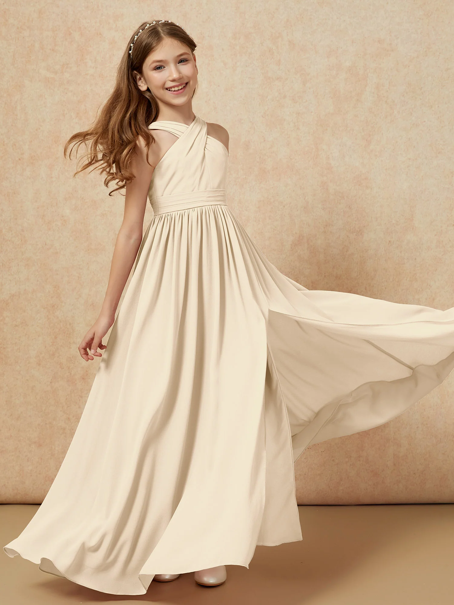 Grecian Neck Chiffon Junior Bridesmaid Dresses With Slit Champagne - Image 6