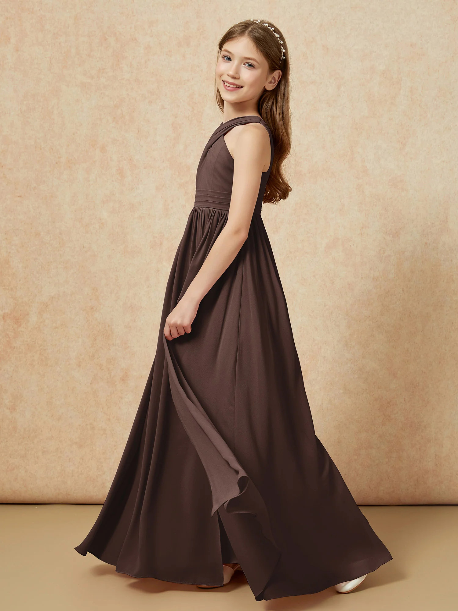 Grecian Neck Chiffon Junior Bridesmaid Dresses With Slit Chocolate - Image 3
