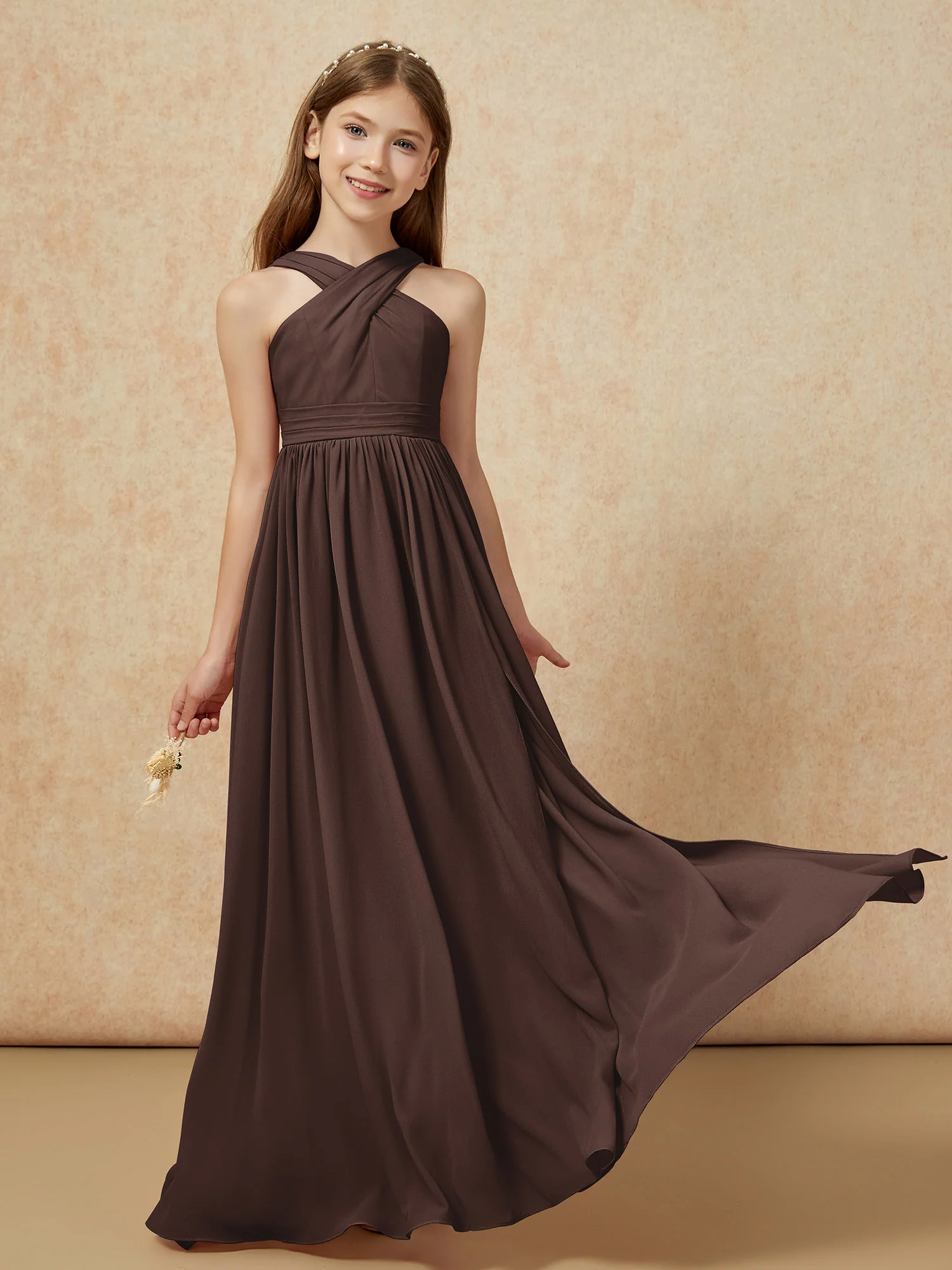 Grecian Neck Chiffon Junior Bridesmaid Dresses With Slit Chocolate - Image 5