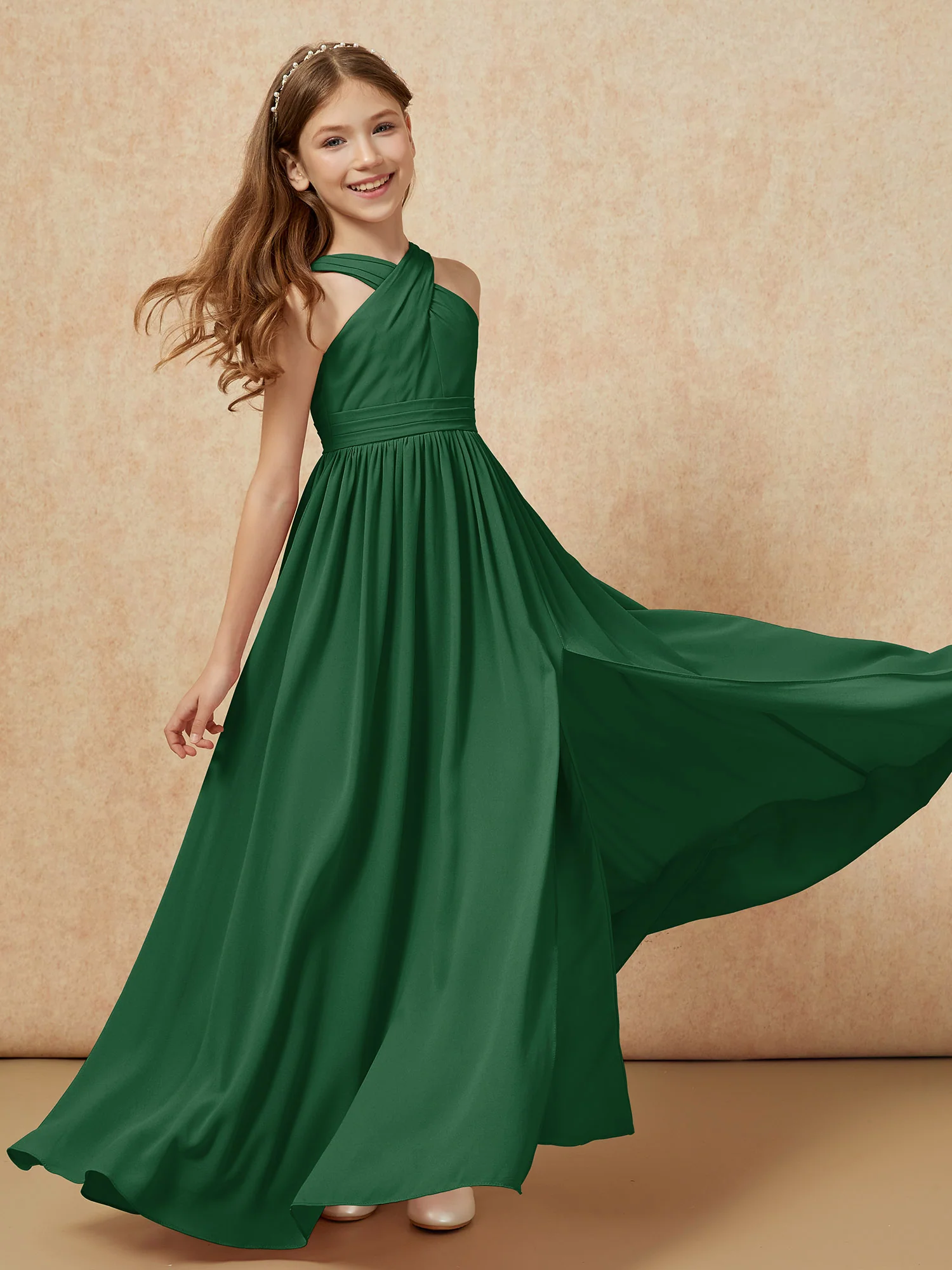 Grecian Neck Chiffon Junior Bridesmaid Dresses With Slit Dark Green - Image 6