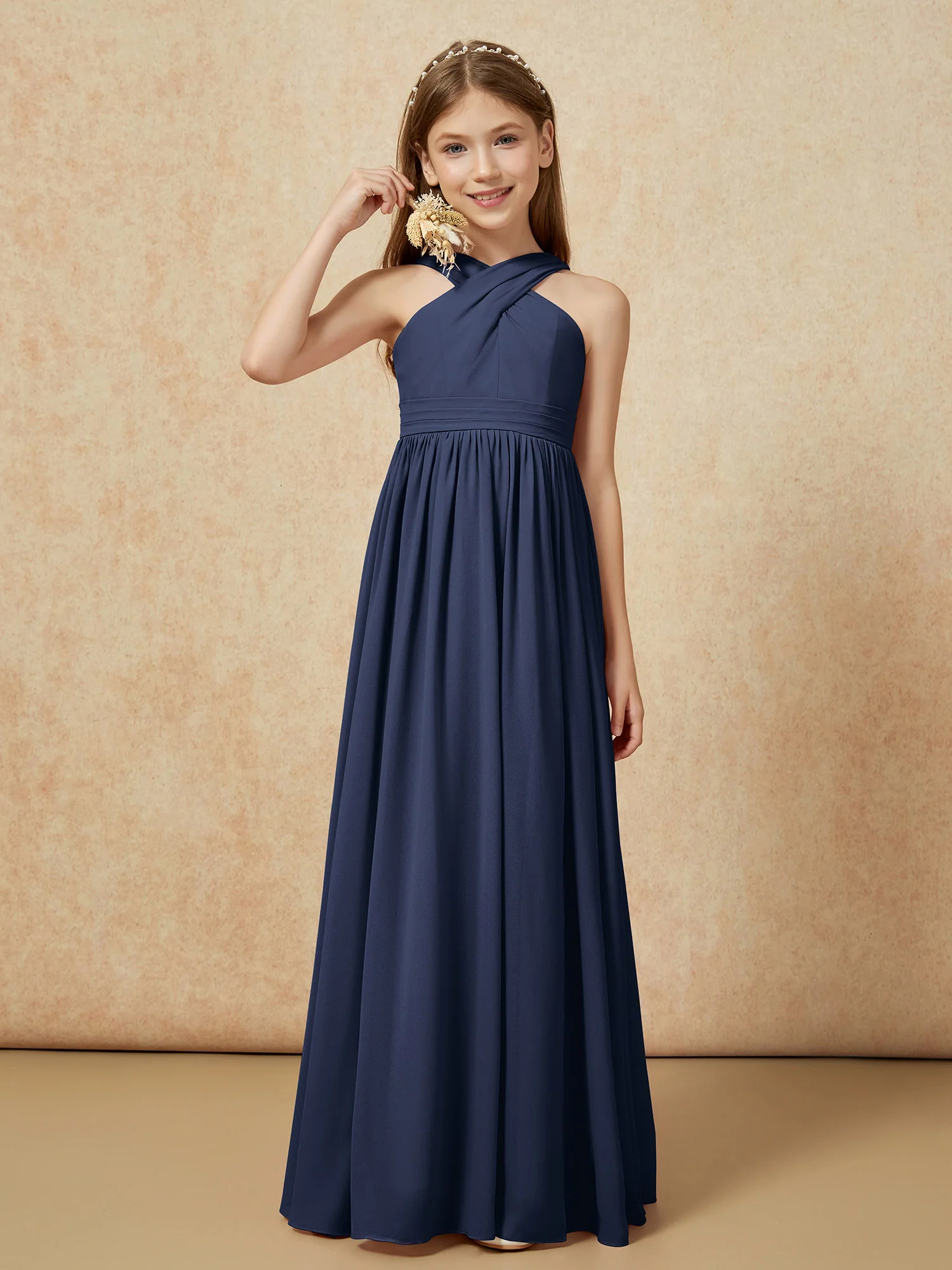 Grecian Neck Chiffon Junior Bridesmaid Dresses With Slit Dark Navy