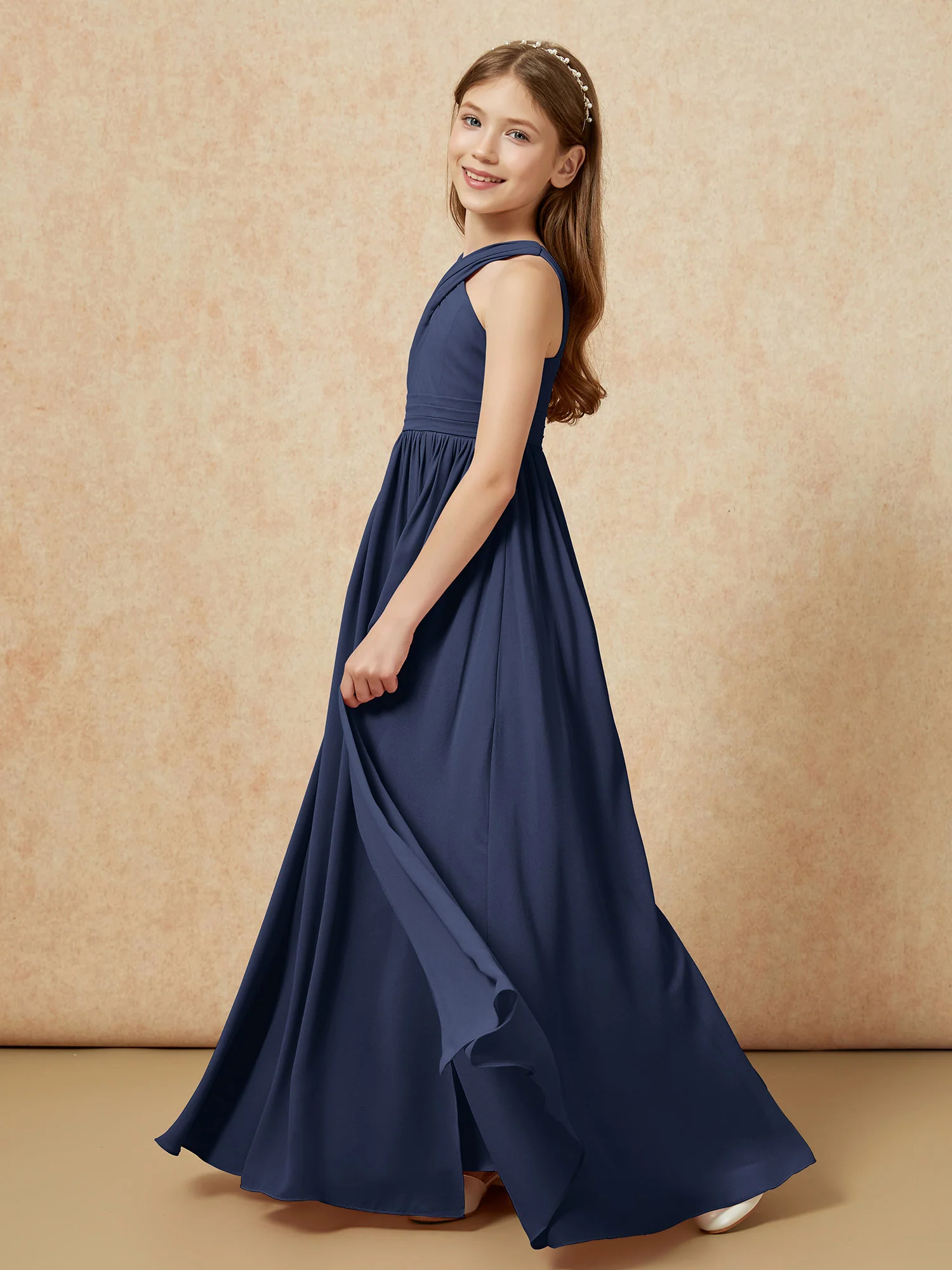 Grecian Neck Chiffon Junior Bridesmaid Dresses With Slit Dark Navy - Image 3