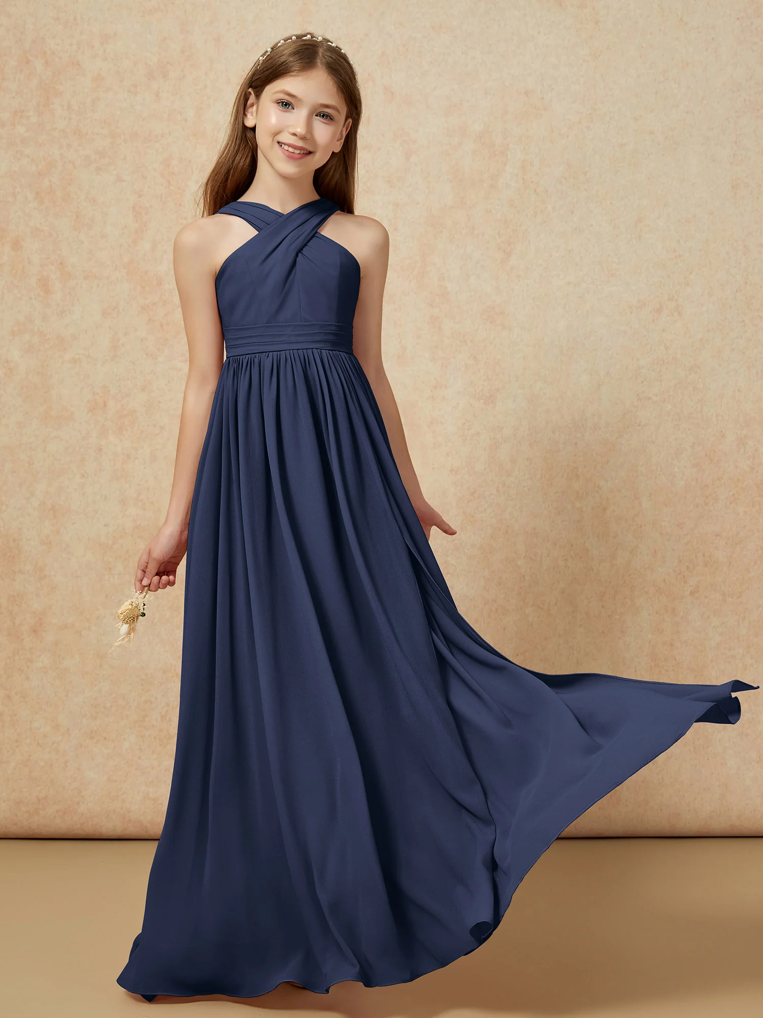 Grecian Neck Chiffon Junior Bridesmaid Dresses With Slit Dark Navy - Image 5