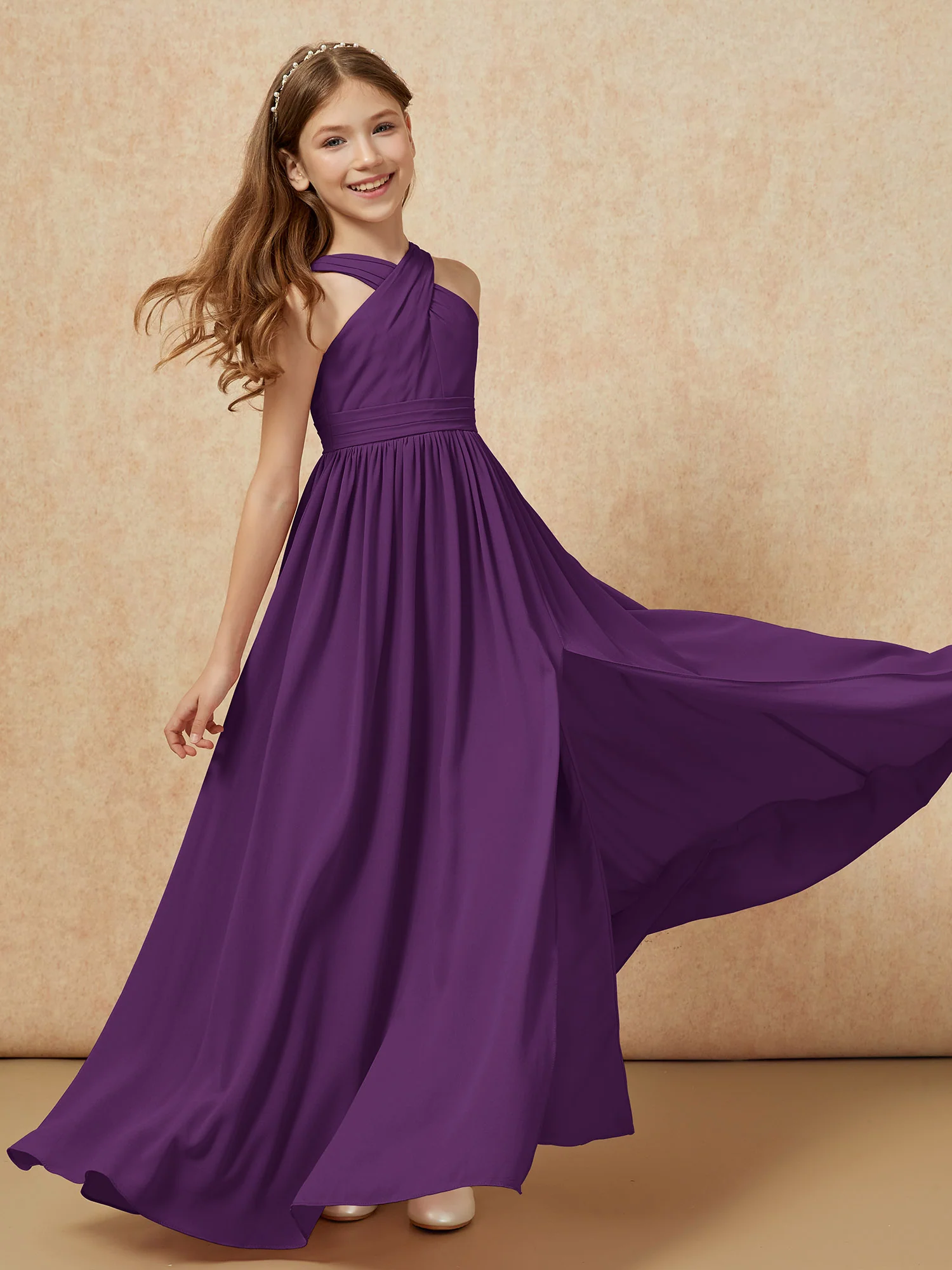 Grecian Neck Chiffon Junior Bridesmaid Dresses With Slit Grape - Image 6
