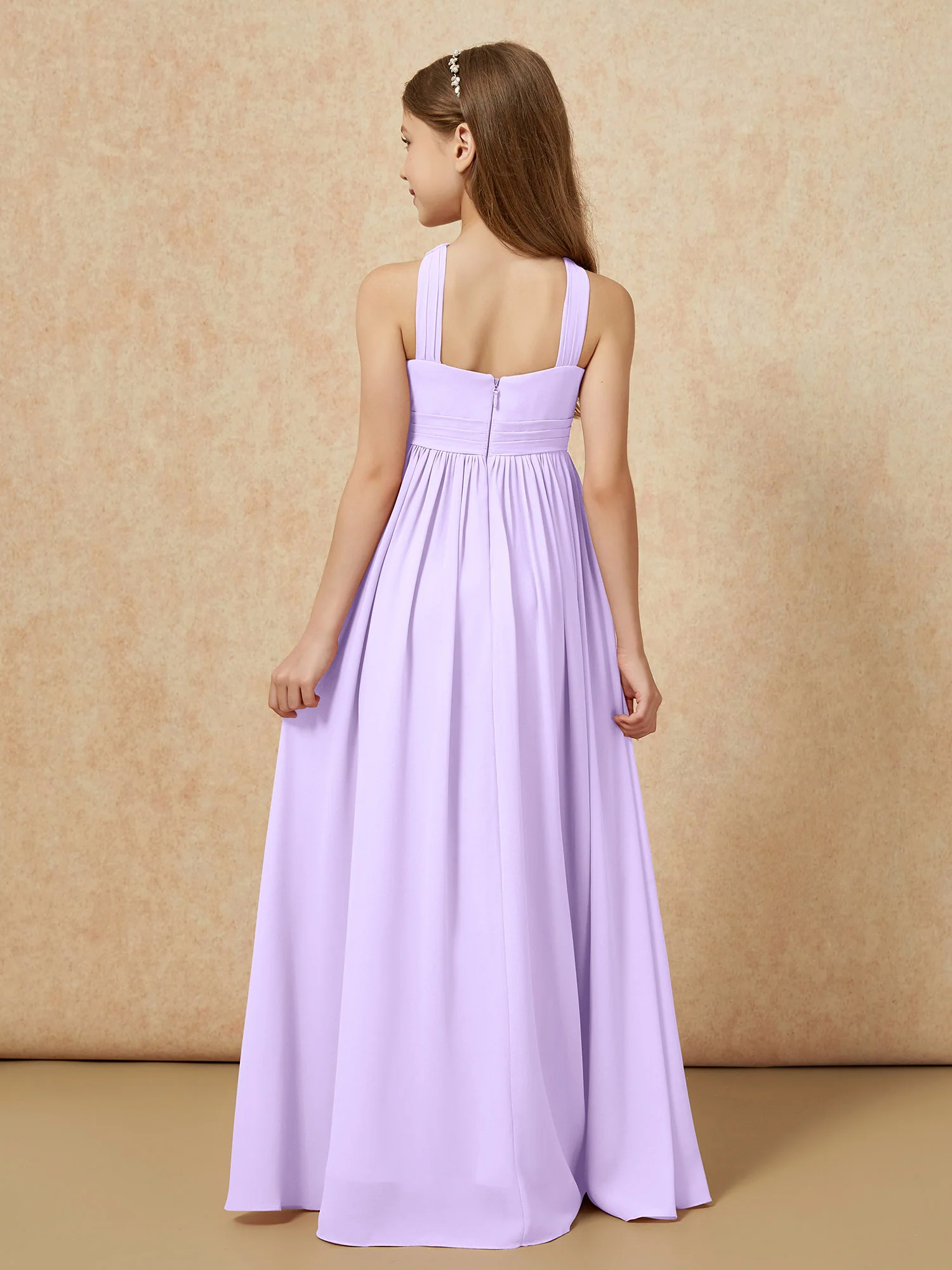 Grecian Neck Chiffon Junior Bridesmaid Dresses With Slit Lilac - Image 2
