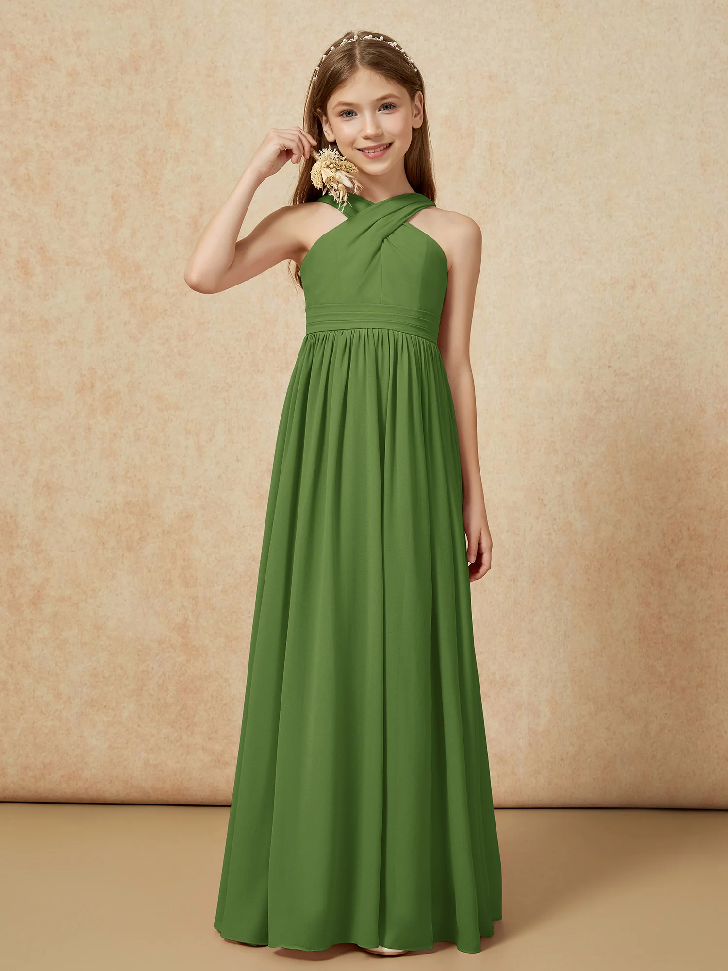 Grecian Neck Chiffon Junior Bridesmaid Dresses With Slit Moss