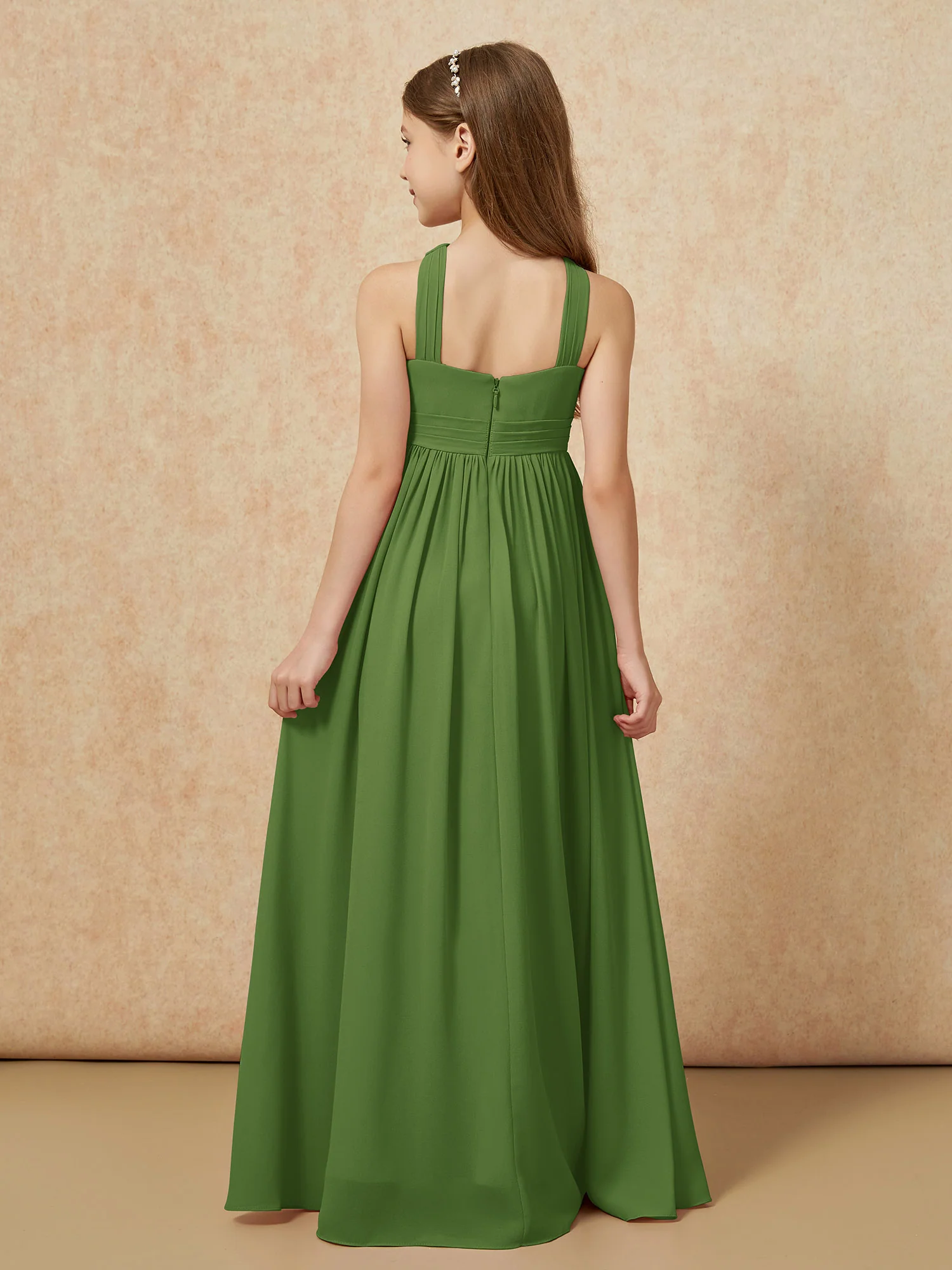 Grecian Neck Chiffon Junior Bridesmaid Dresses With Slit Moss - Image 2