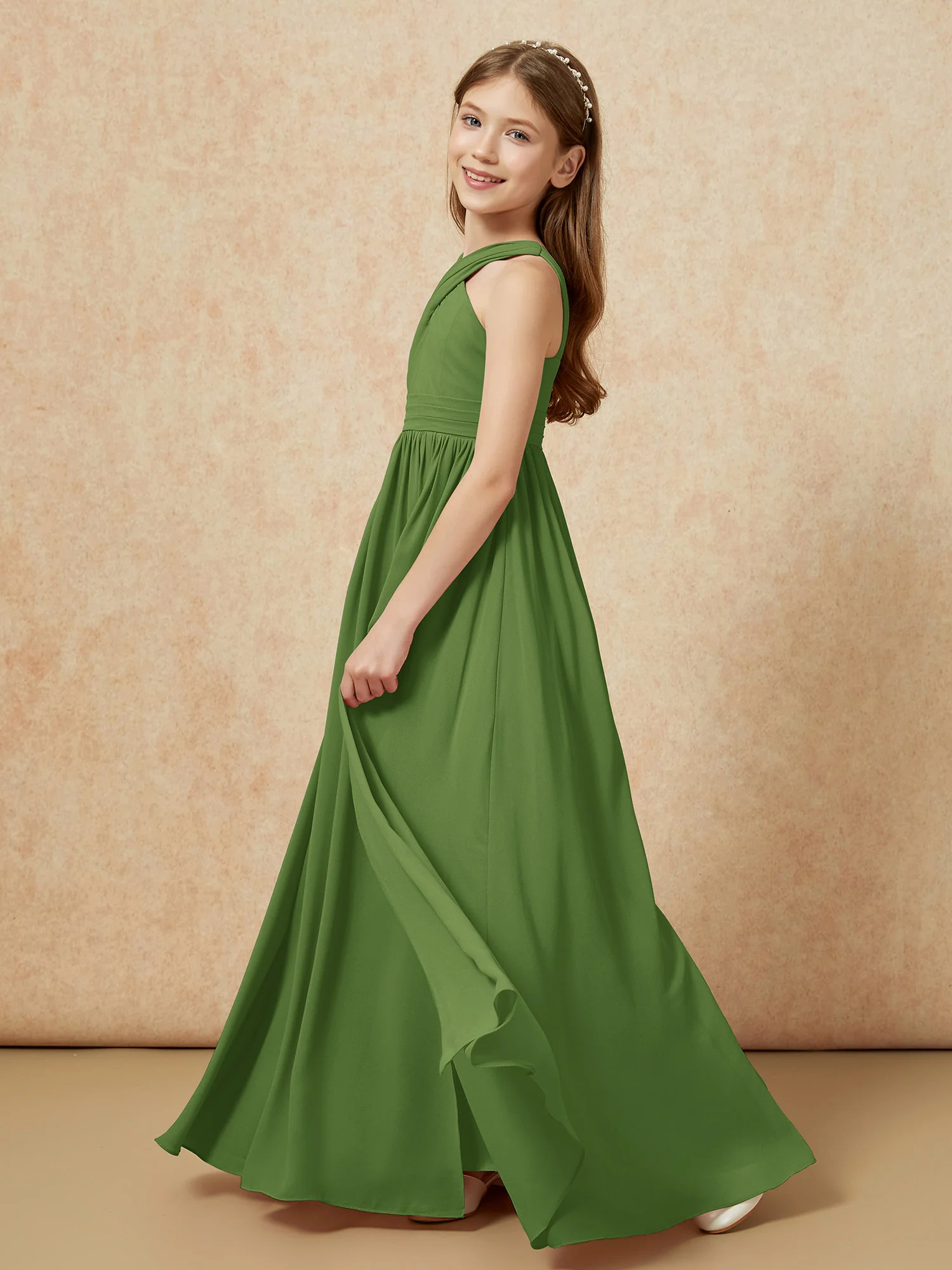 Grecian Neck Chiffon Junior Bridesmaid Dresses With Slit Moss - Image 3