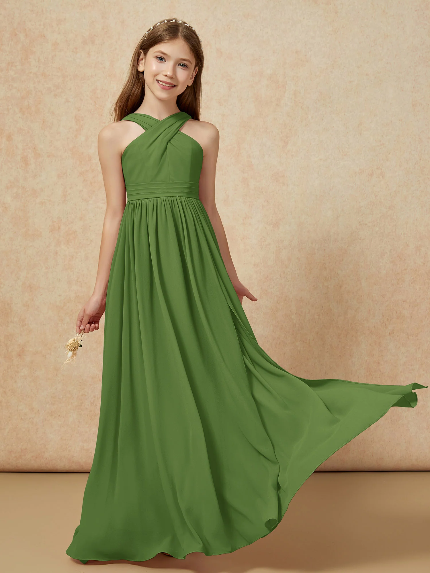 Grecian Neck Chiffon Junior Bridesmaid Dresses With Slit Moss - Image 5