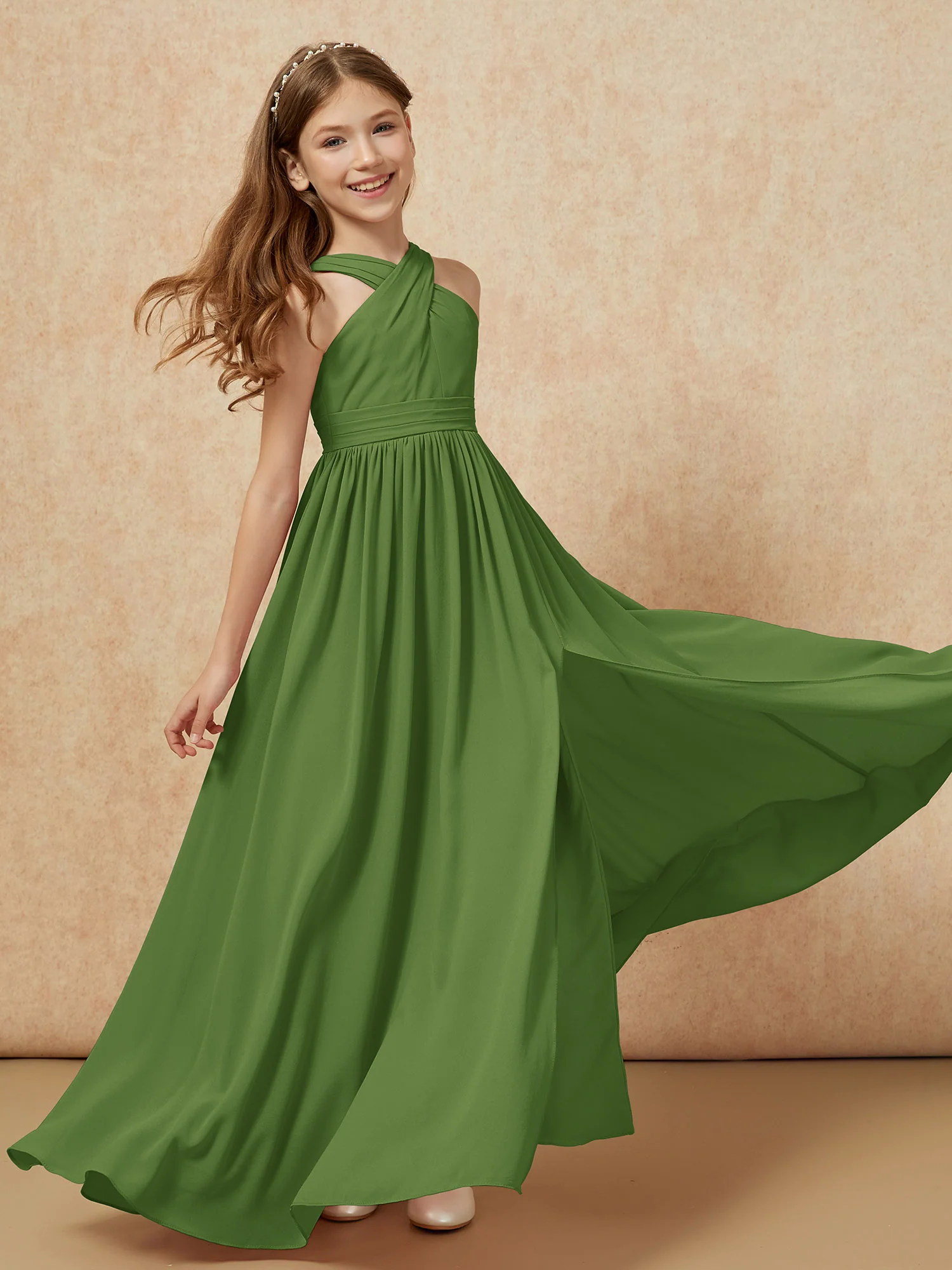 Grecian Neck Chiffon Junior Bridesmaid Dresses With Slit Moss - Image 6