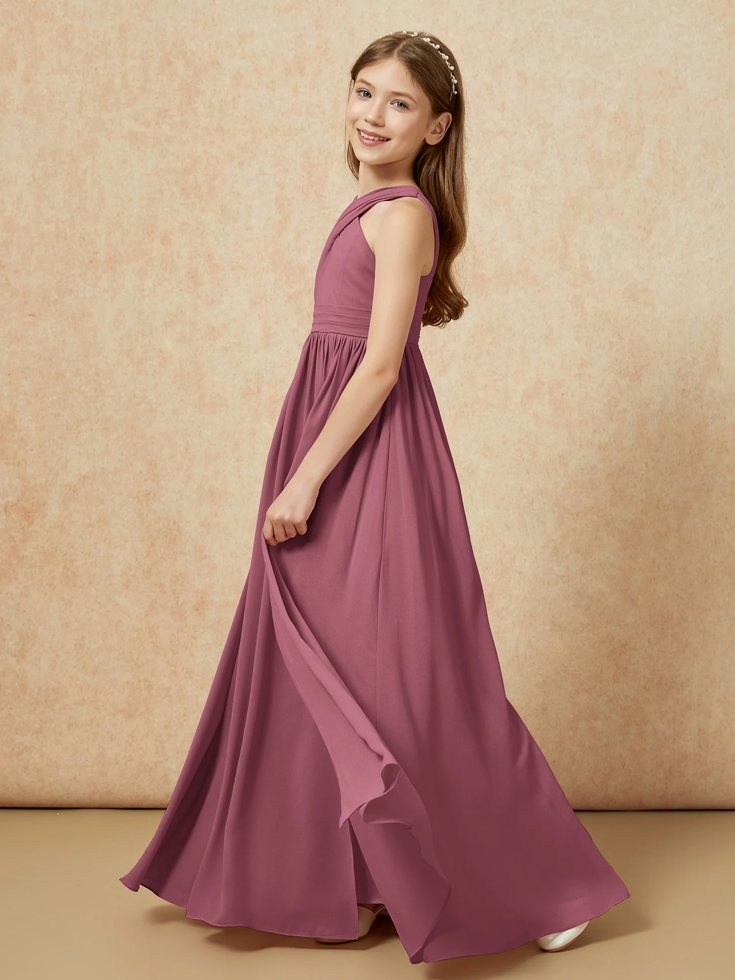 Grecian Neck Chiffon Junior Bridesmaid Dresses With Slit Mulberry - Image 3