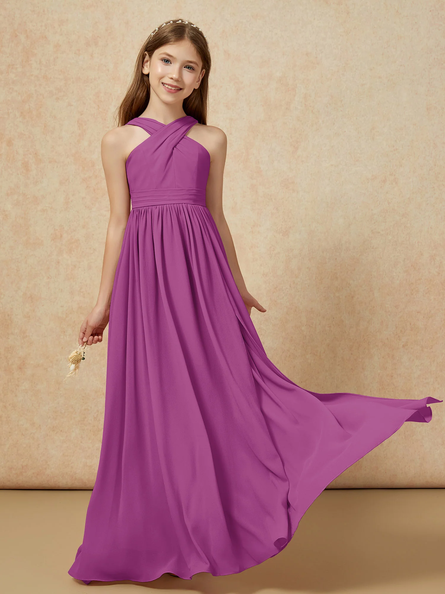 Grecian Neck Chiffon Junior Bridesmaid Dresses With Slit Orchid - Image 5