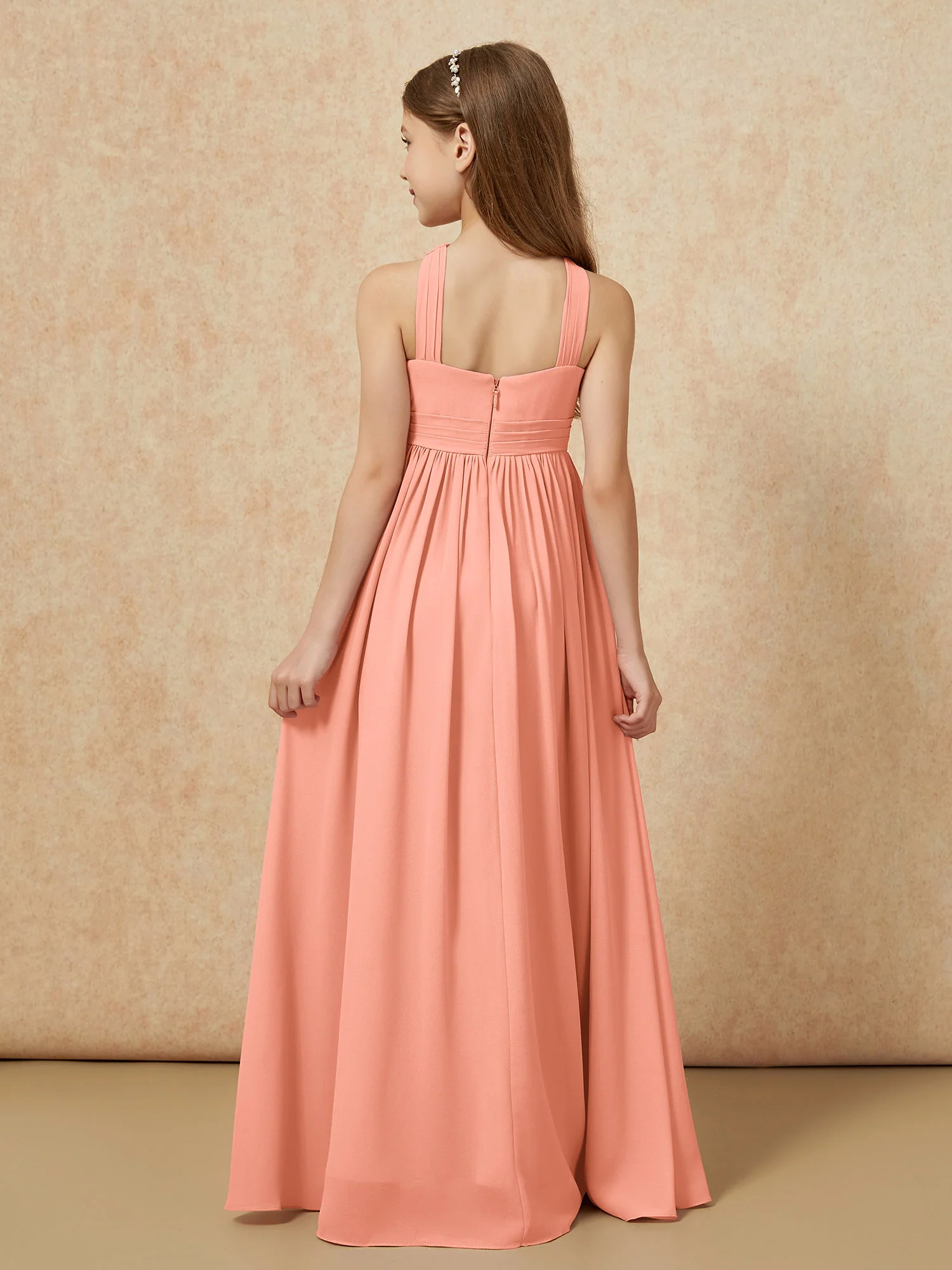 Grecian Neck Chiffon Junior Bridesmaid Dresses With Slit Papaya - Image 2
