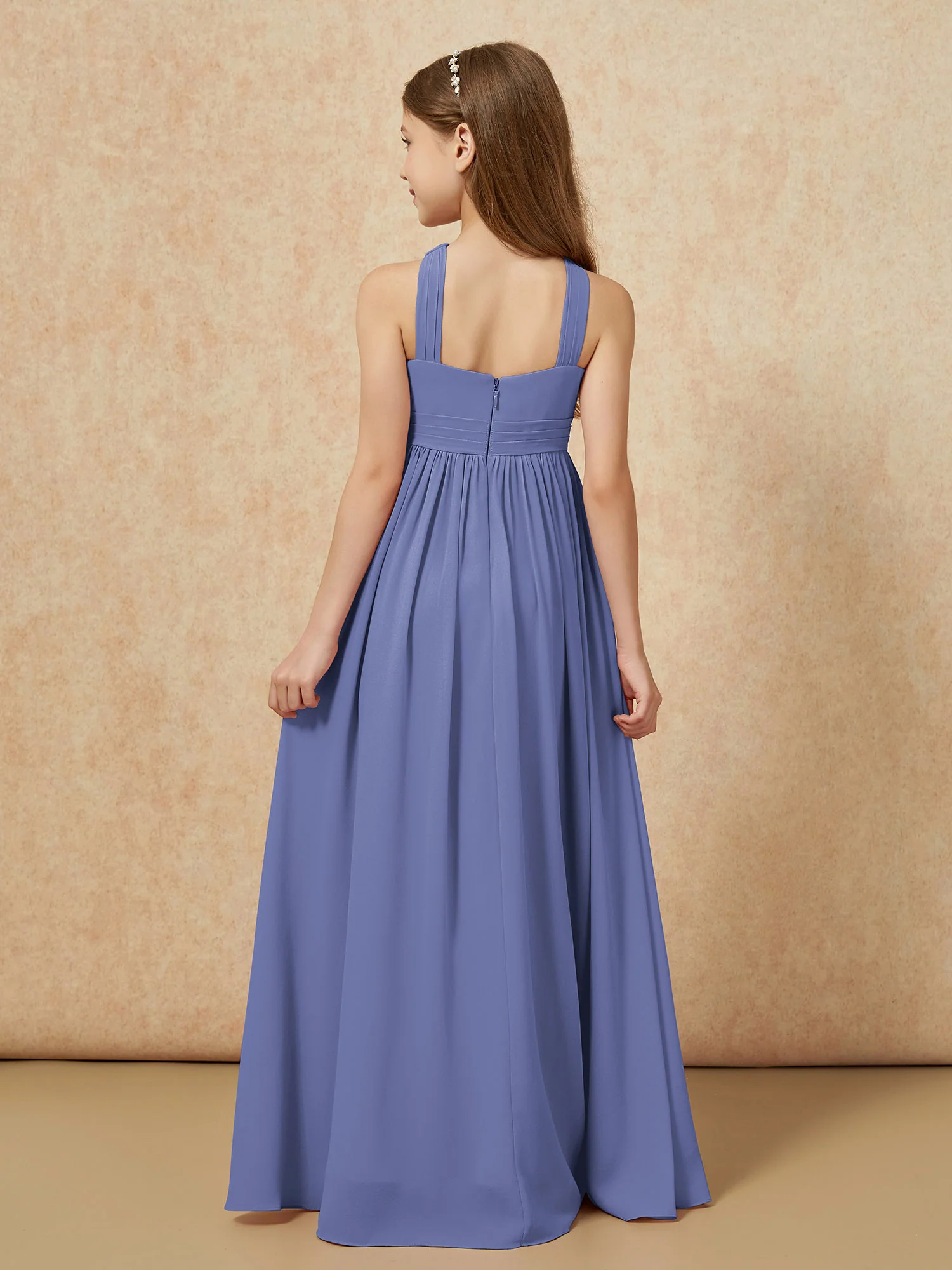 Grecian Neck Chiffon Junior Bridesmaid Dresses With Slit Periwinkle - Image 2