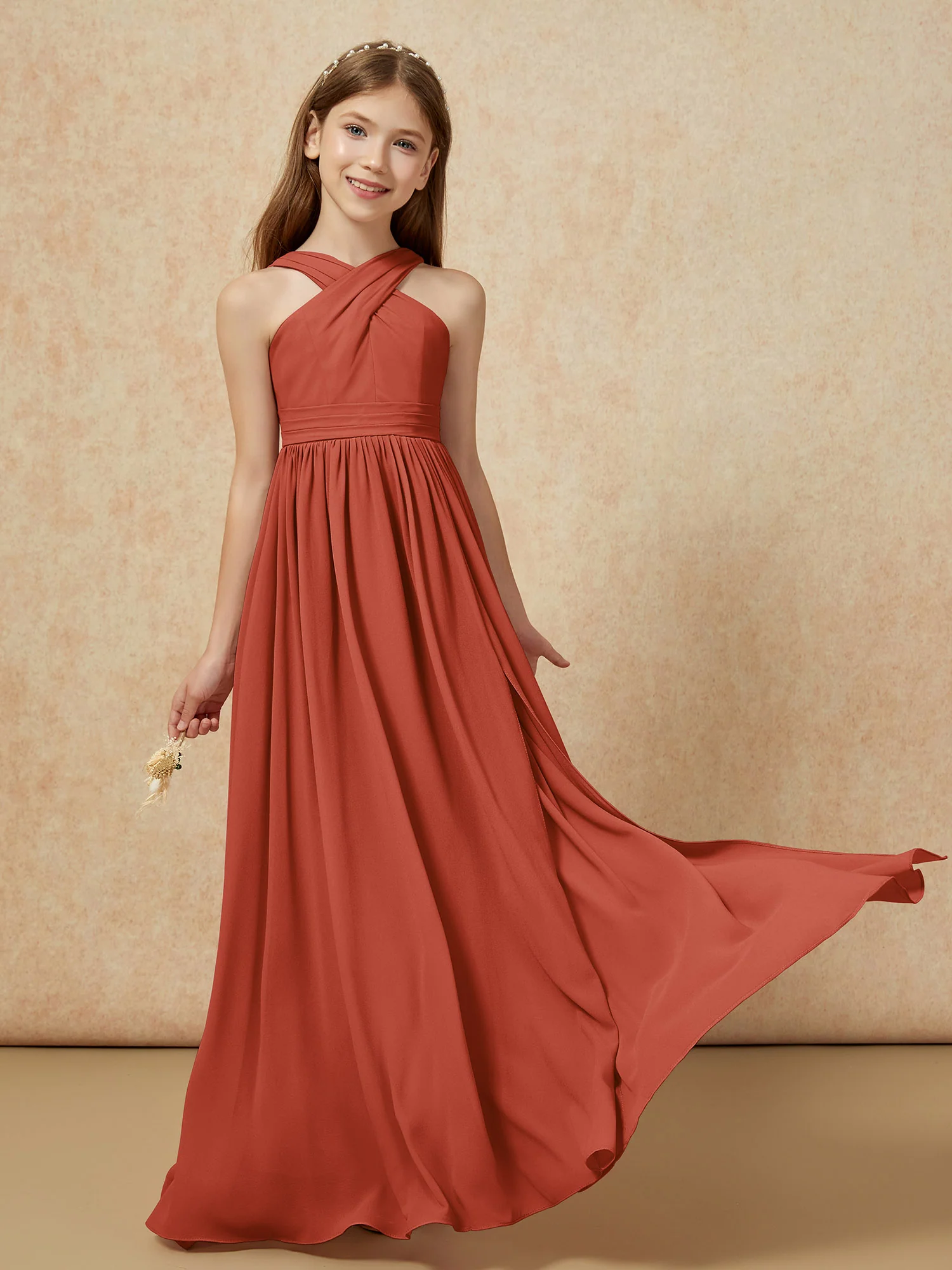 Grecian Neck Chiffon Junior Bridesmaid Dresses With Slit Rust - Image 5