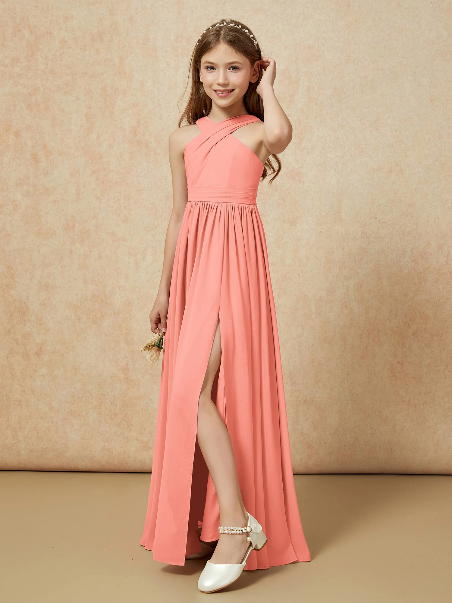Grecian Neck Chiffon Junior Bridesmaid Dresses With Slit Sunset - Image 4
