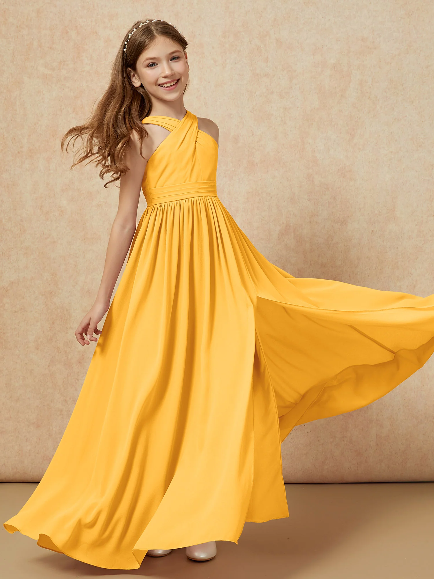 Grecian Neck Chiffon Junior Bridesmaid Dresses With Slit Tangerine - Image 6