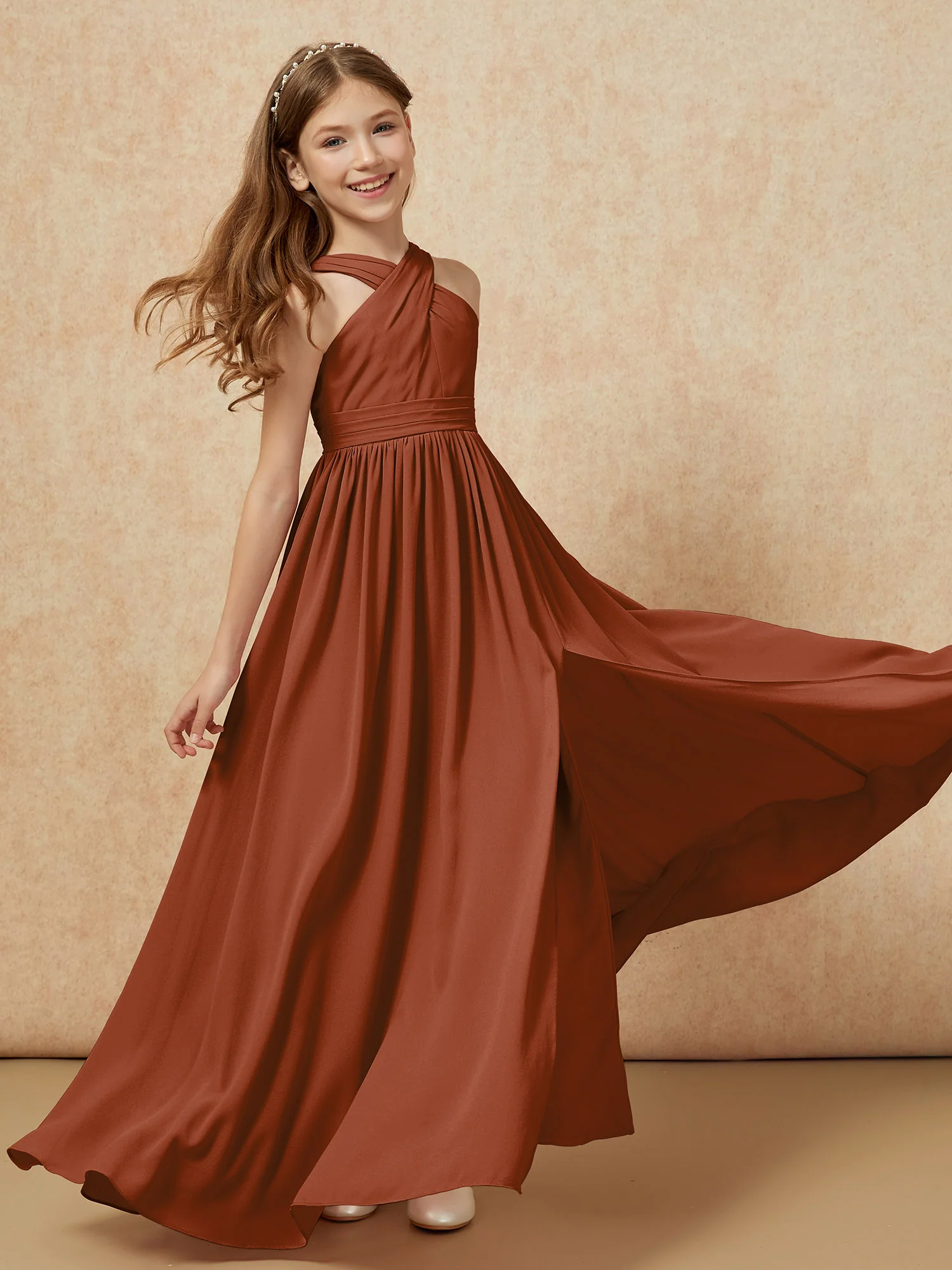 Grecian Neck Chiffon Junior Bridesmaid Dresses With Slit Terracotta - Image 6